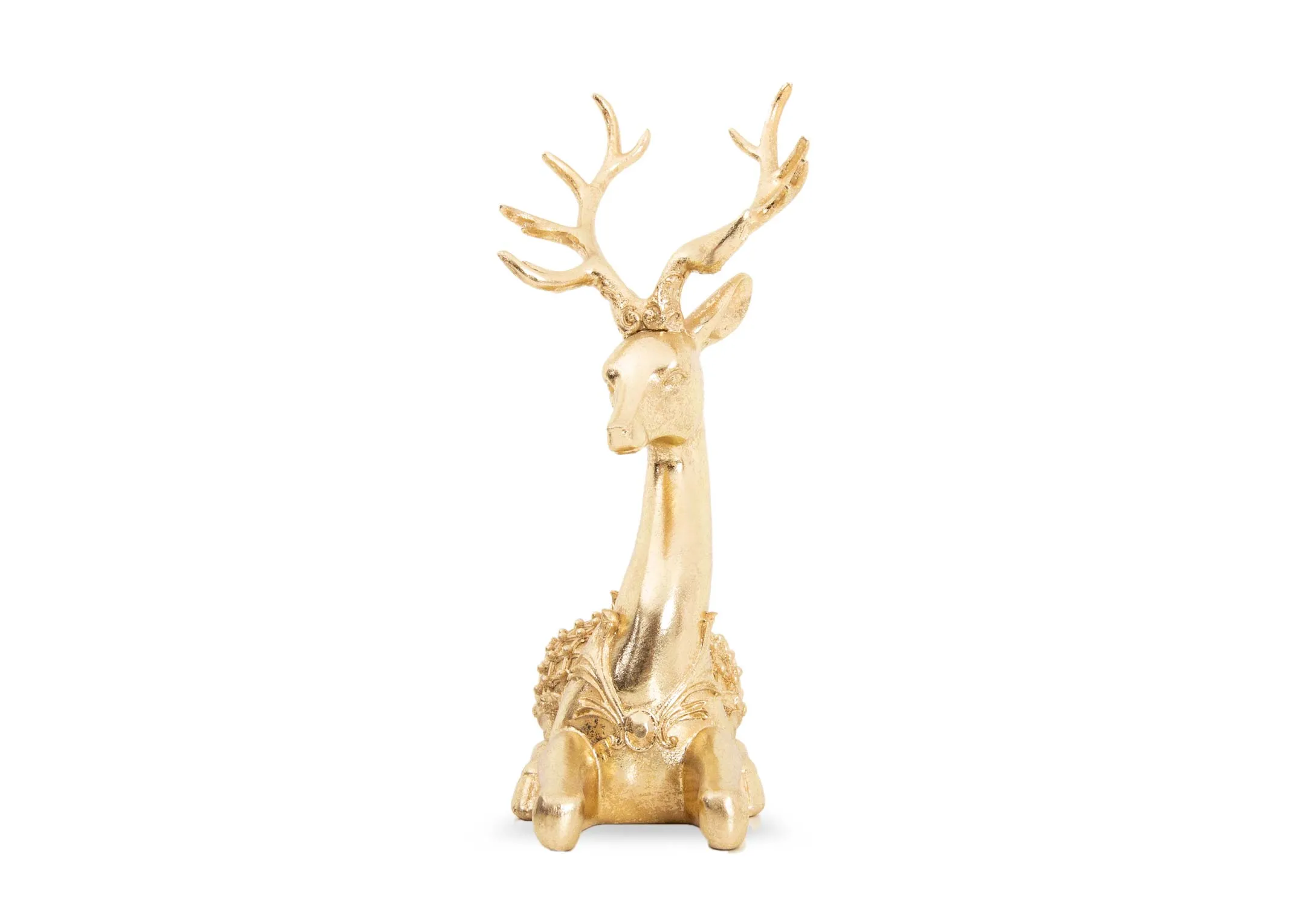 A large gold lying deer ornament from EZ Livings Christmas Range. Front view