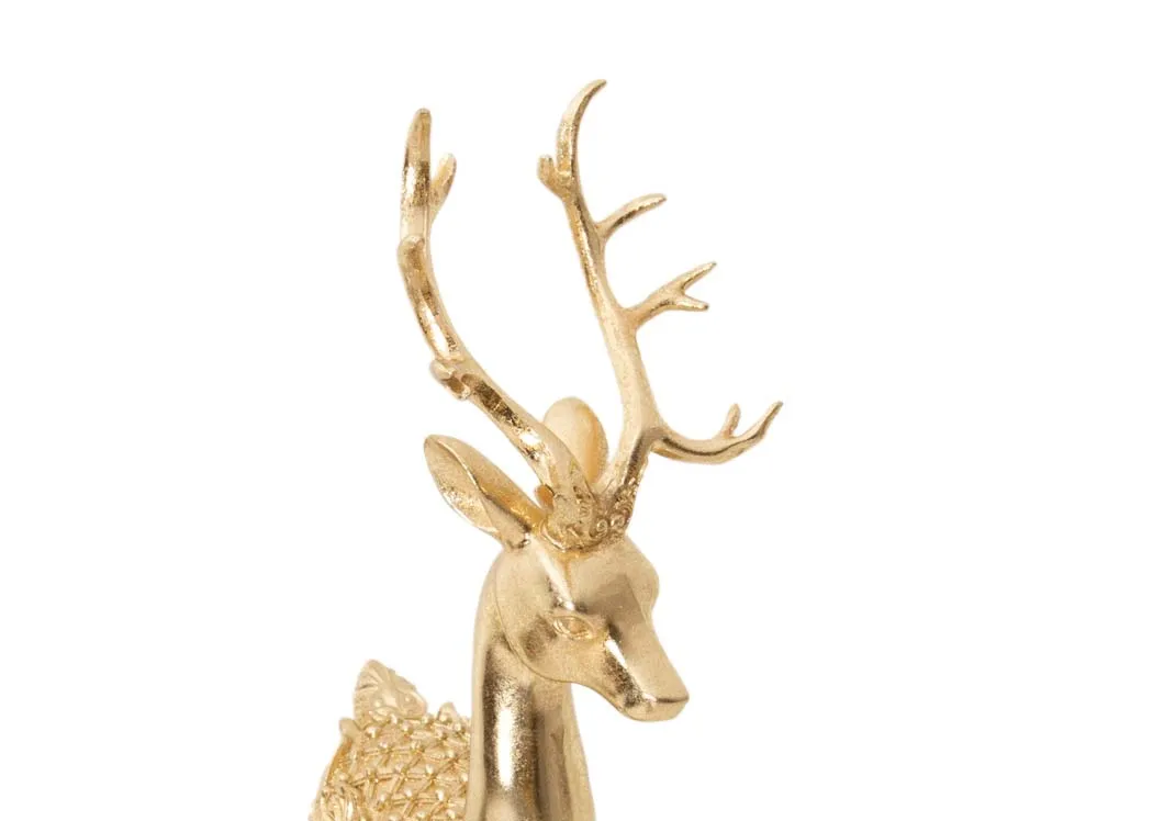A gold metal standing deer from EZ Livings Christmas range. Closeup of antlers