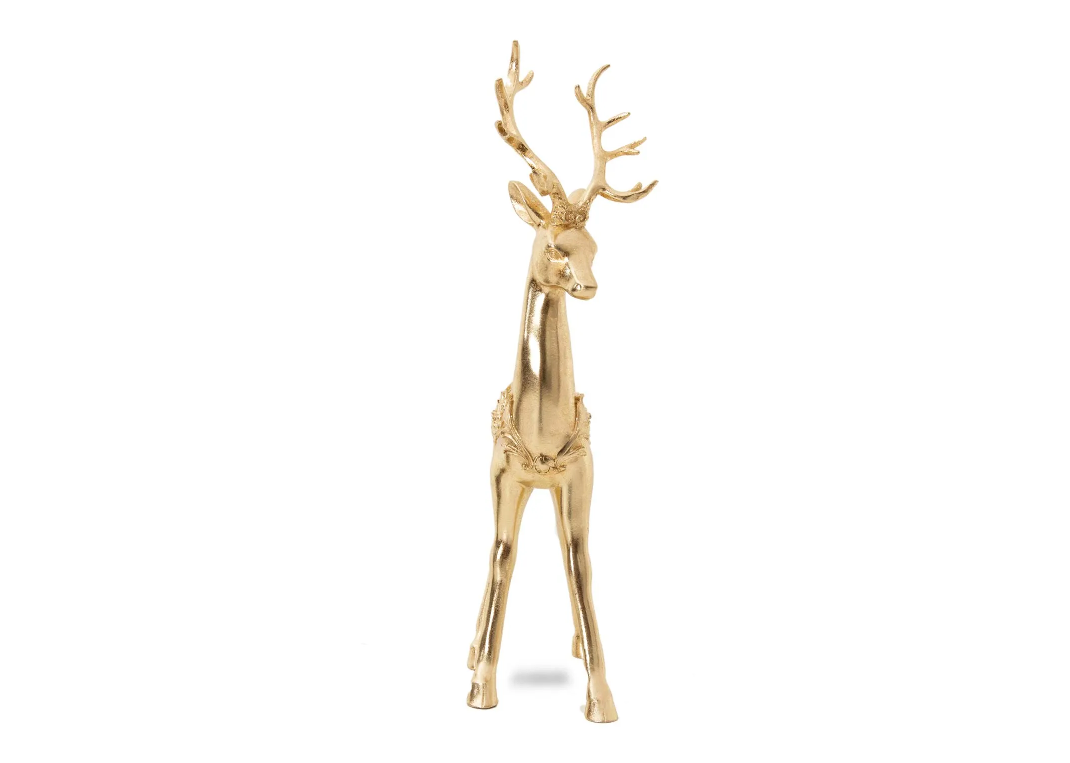 A gold metal standing deer from EZ Livings Christmas range. Front veiw of long neck