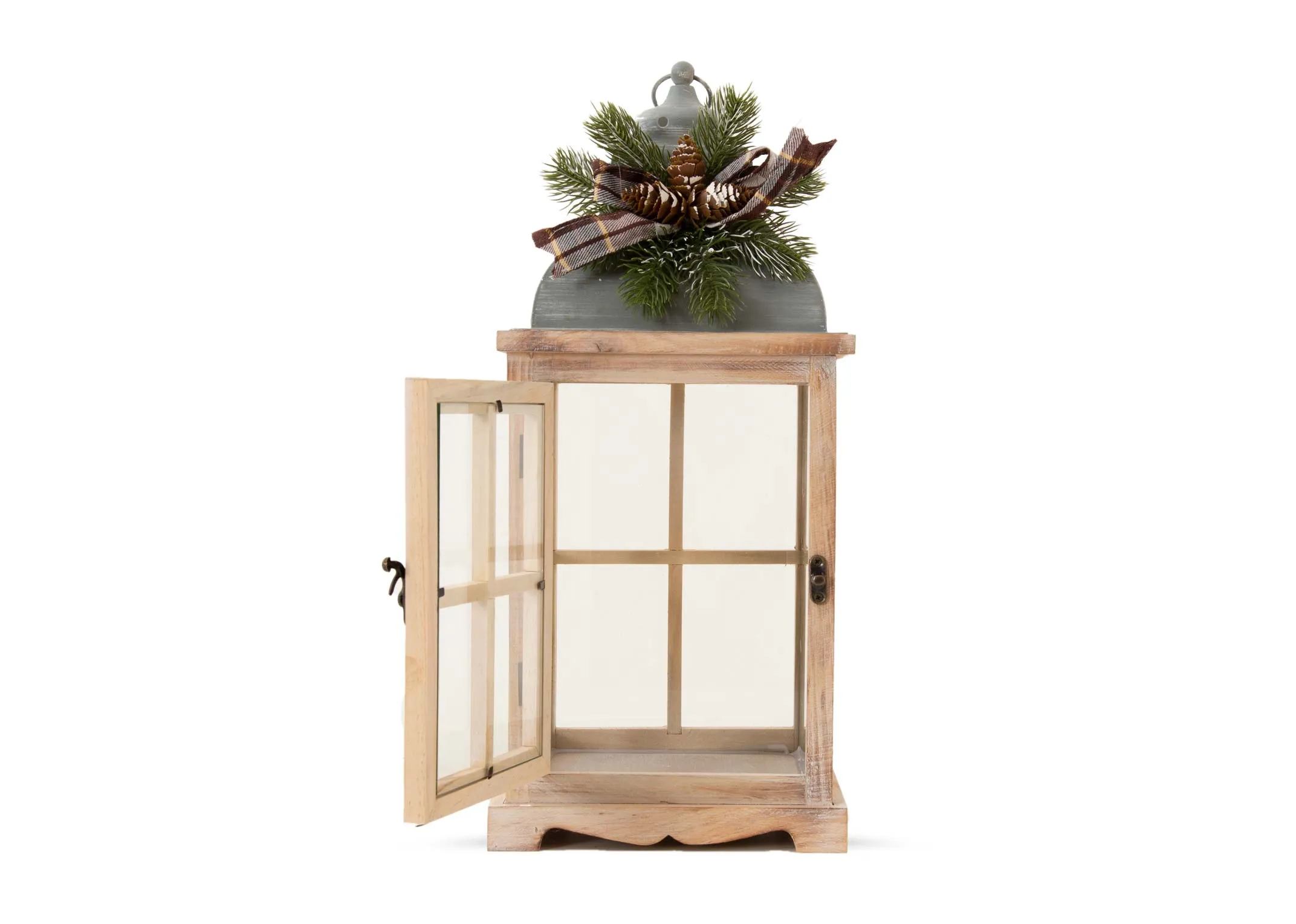 A small wooden lantern with green lid and tartan bow from EZ Livings Christmas range. Closeuo of foliage and tartan bow with small handle.