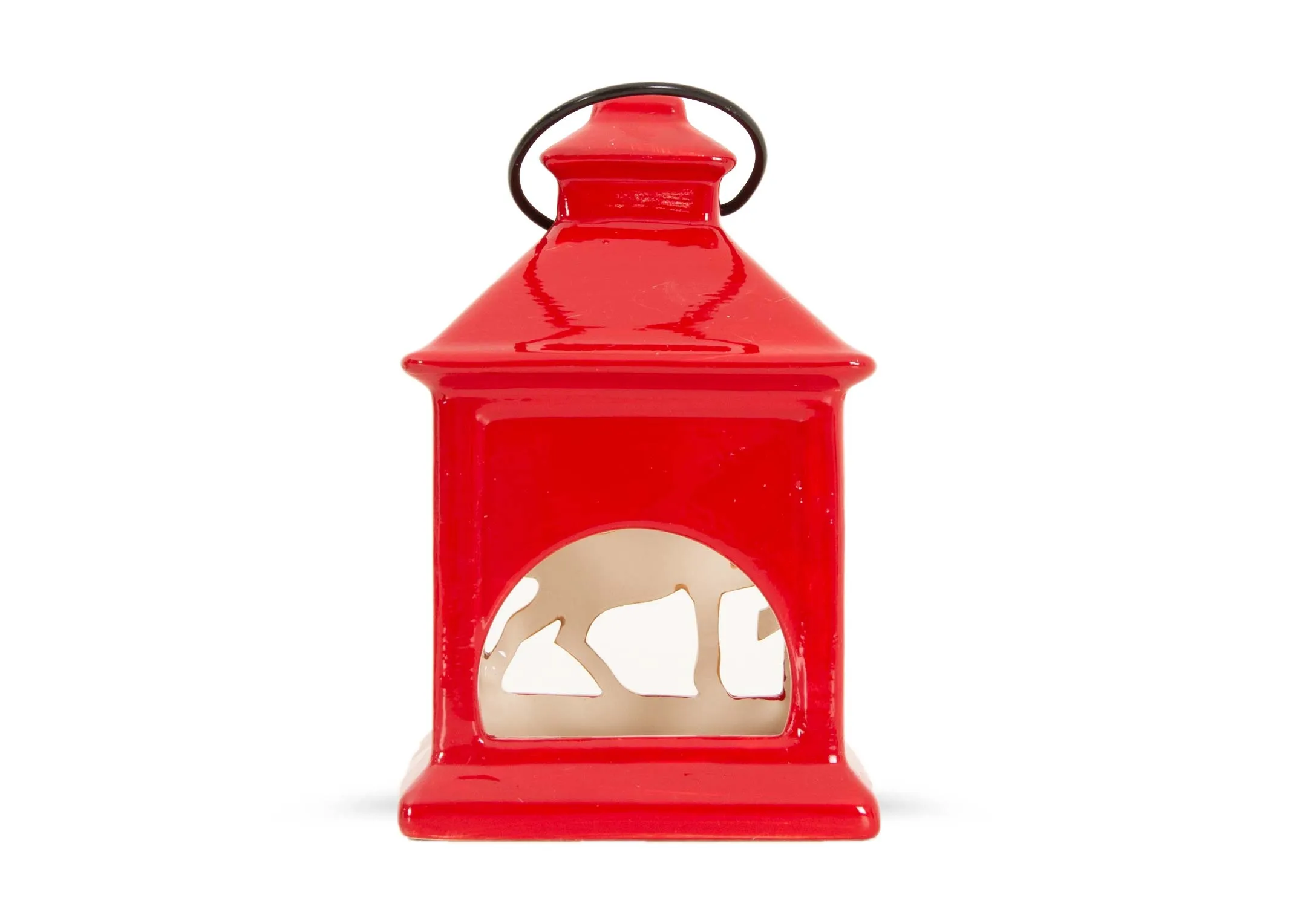 A red glossy lantern from EZ Livings Christmas range. Back view of opening for tealight