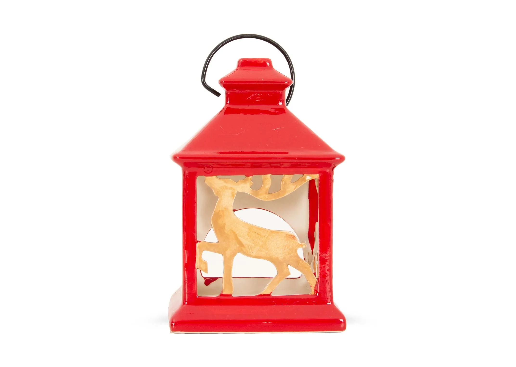 A red glossy lantern from EZ Livings Christmas range. Front view of gold deer