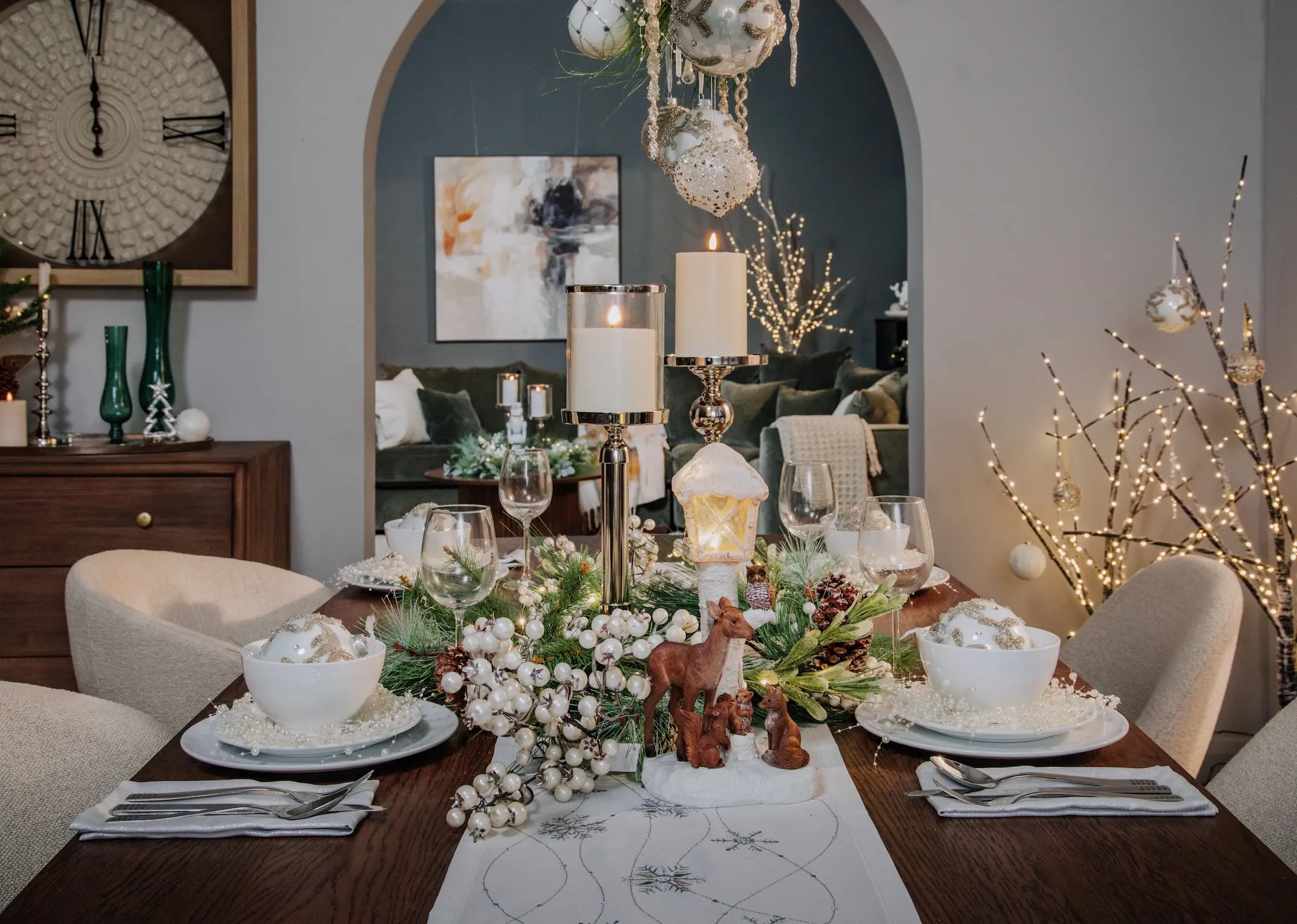 A lifetsyle image of a Nola dining table with pearl and Woodland animals