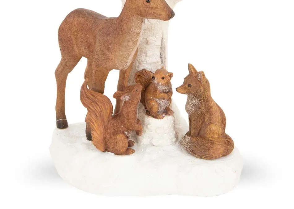 A white LED lamppost figurine with a selection of woodland animals from EZ Livings Christmas range. Closeup of animals