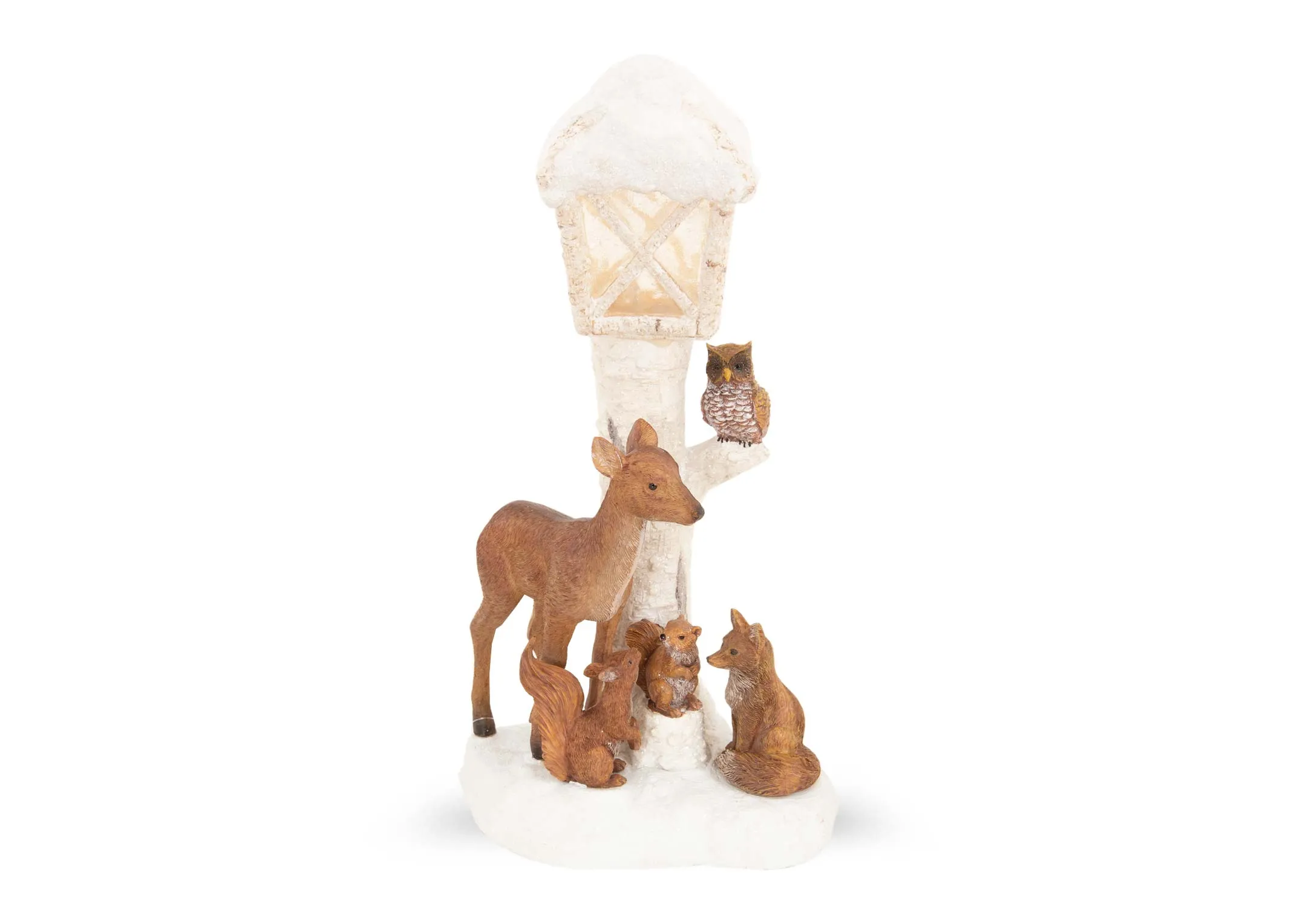 A white LED lamppost figurine with a selection of woodland animals from EZ Livings Christmas range. Front view of light off in lantern.