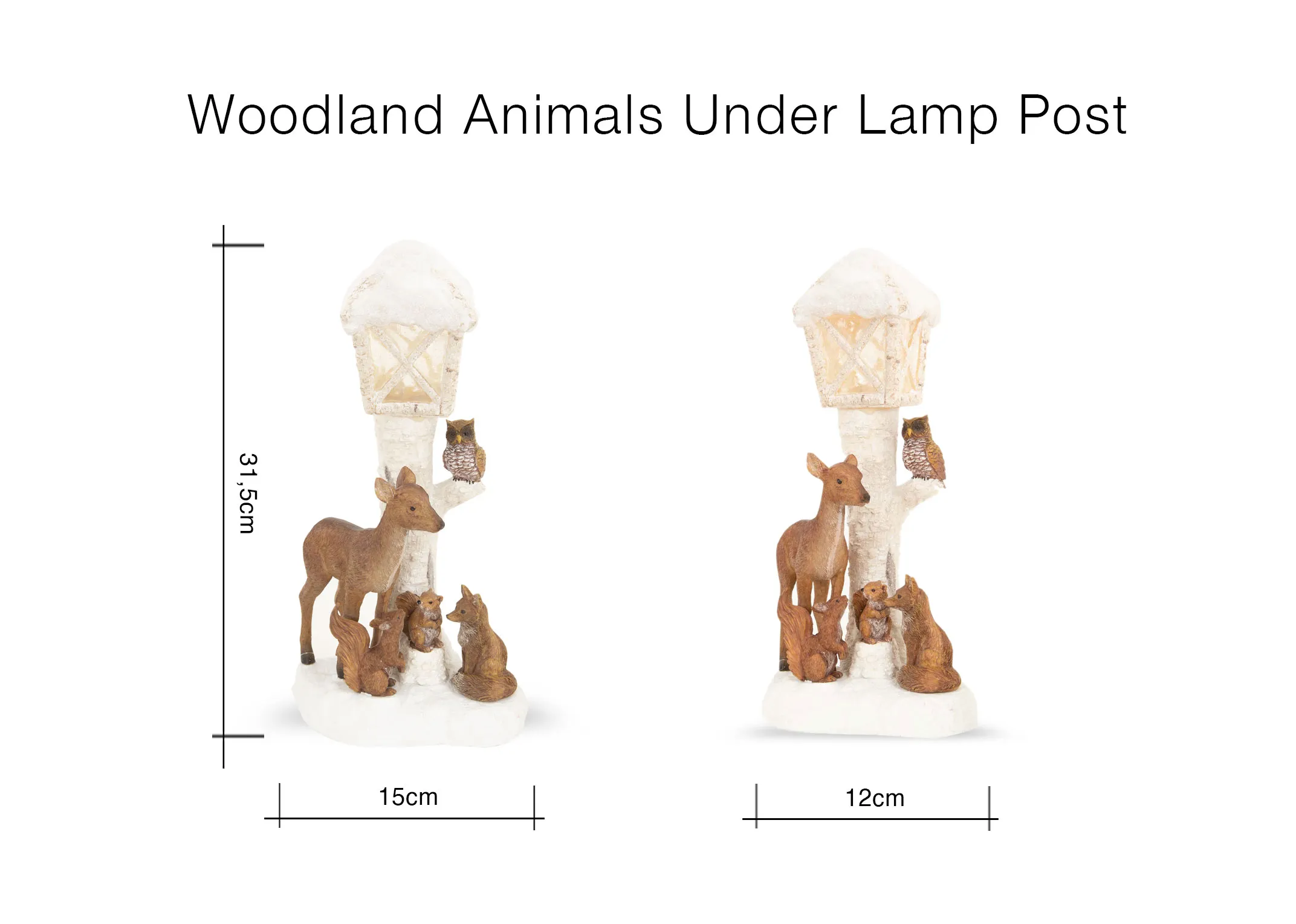 A dimension image of the Woodland Animals Under lammpost with 15cm x 12cm x 31.5cm