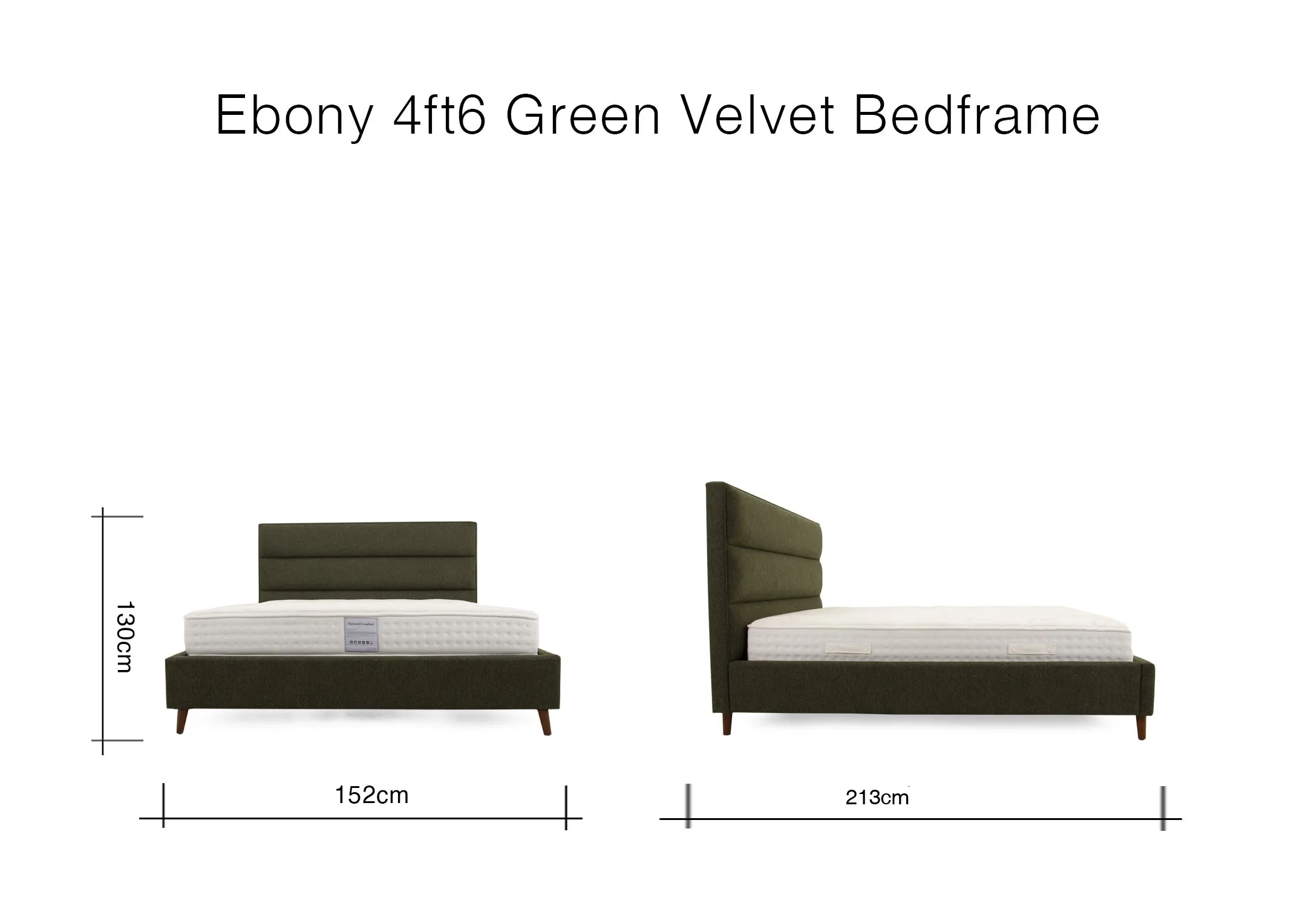 A dimension image of the Ebony green 4ft6 Bedframe with 152cm x 213cm x 130cm