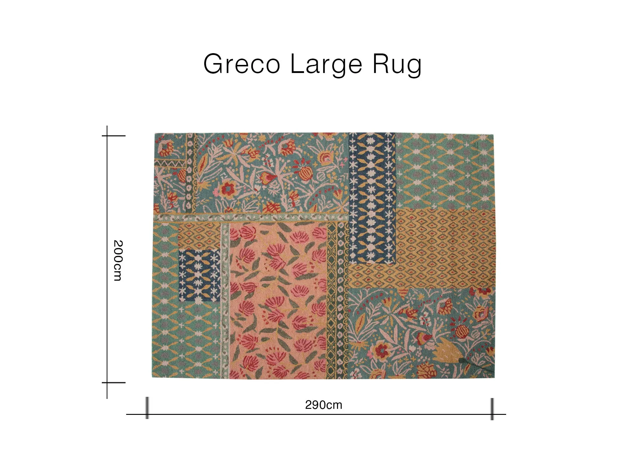 A dimension image of the Greco Large Rug with 290cm x 200cm