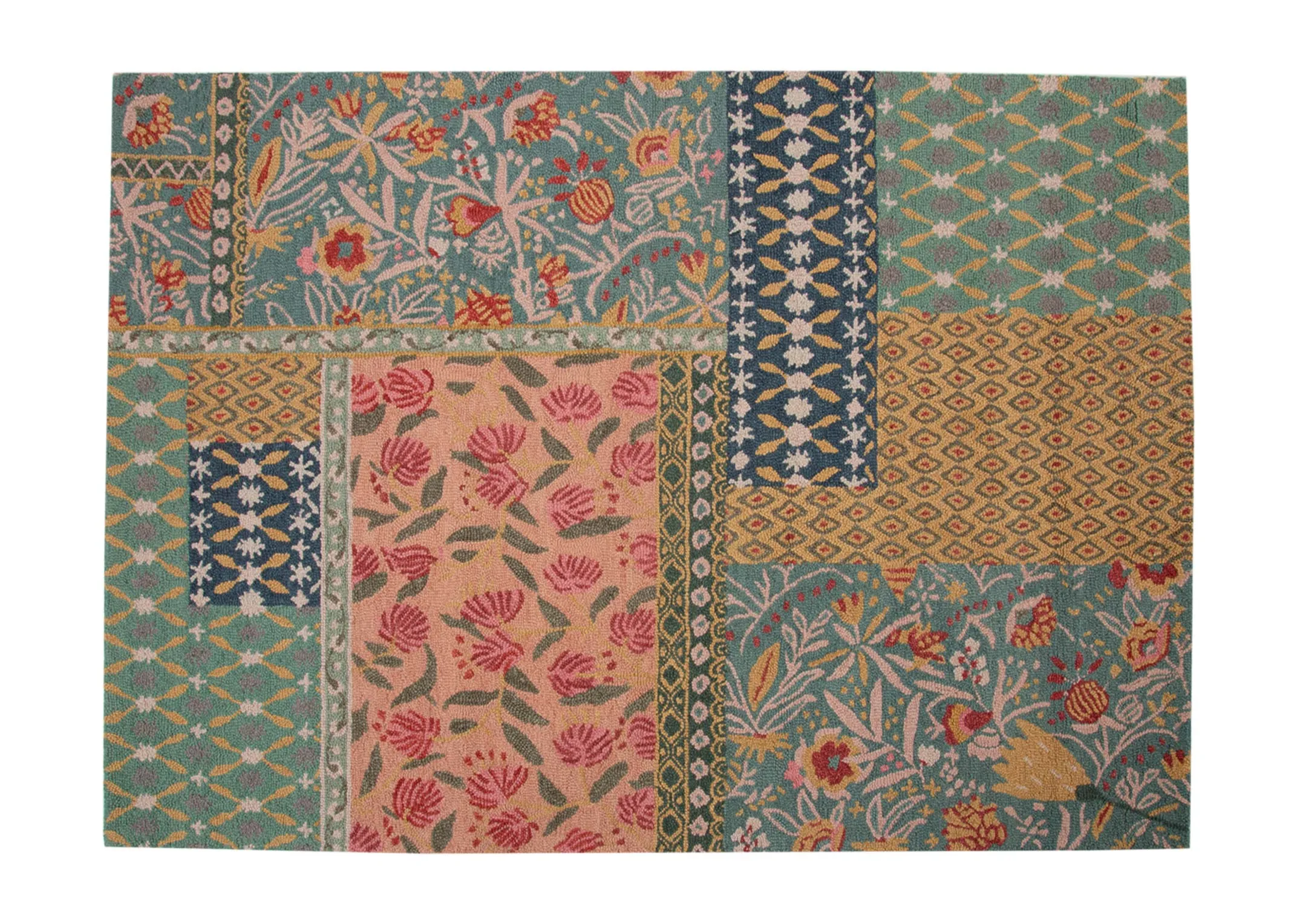 A patchwork rug with pink flowers & green blue red and yellow design from EZ Livings Greco range.