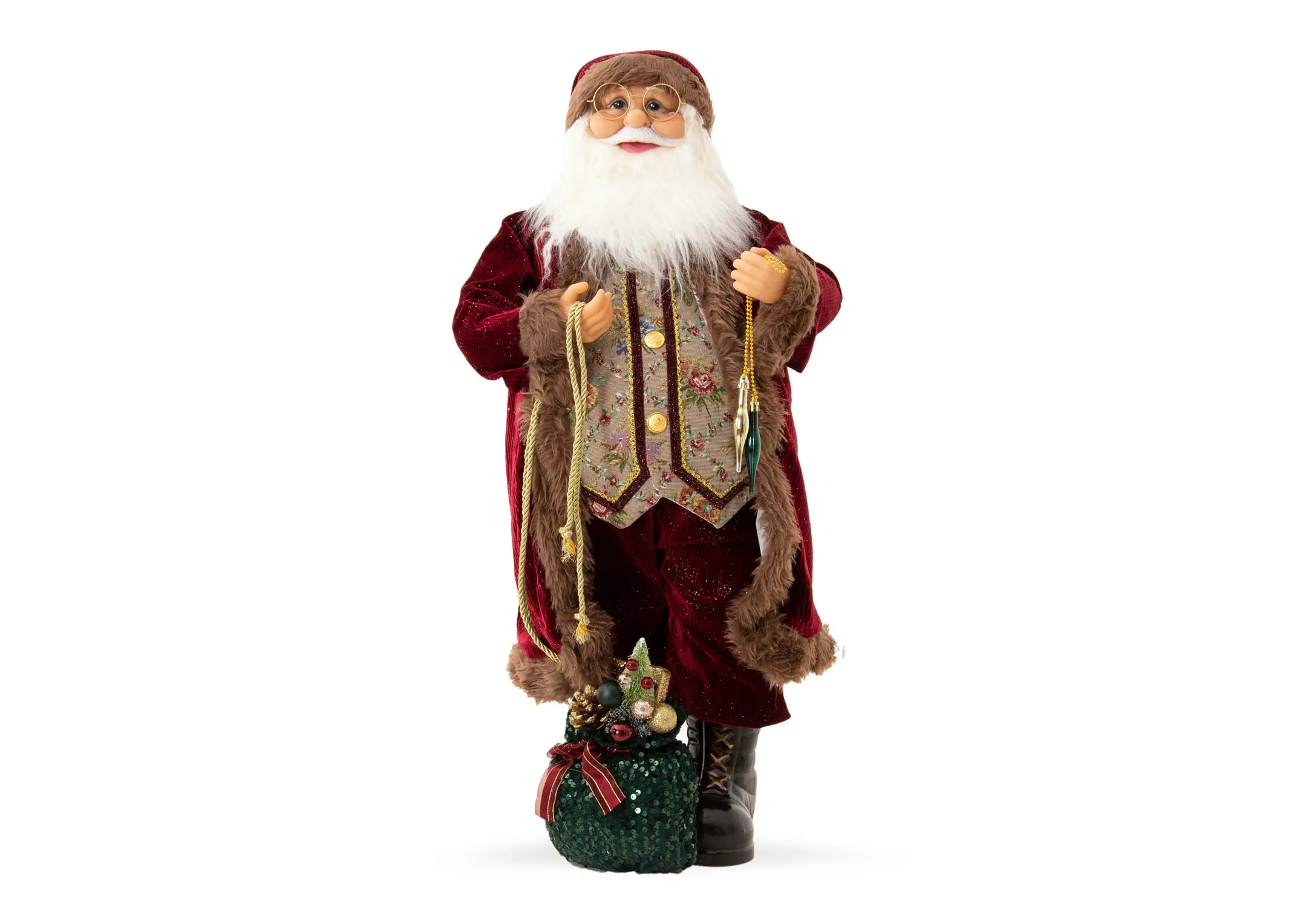 A large Santa Figurine in red velvet coat with green sack from EZ Livings Christams range.Front view of santas hands & white beard.