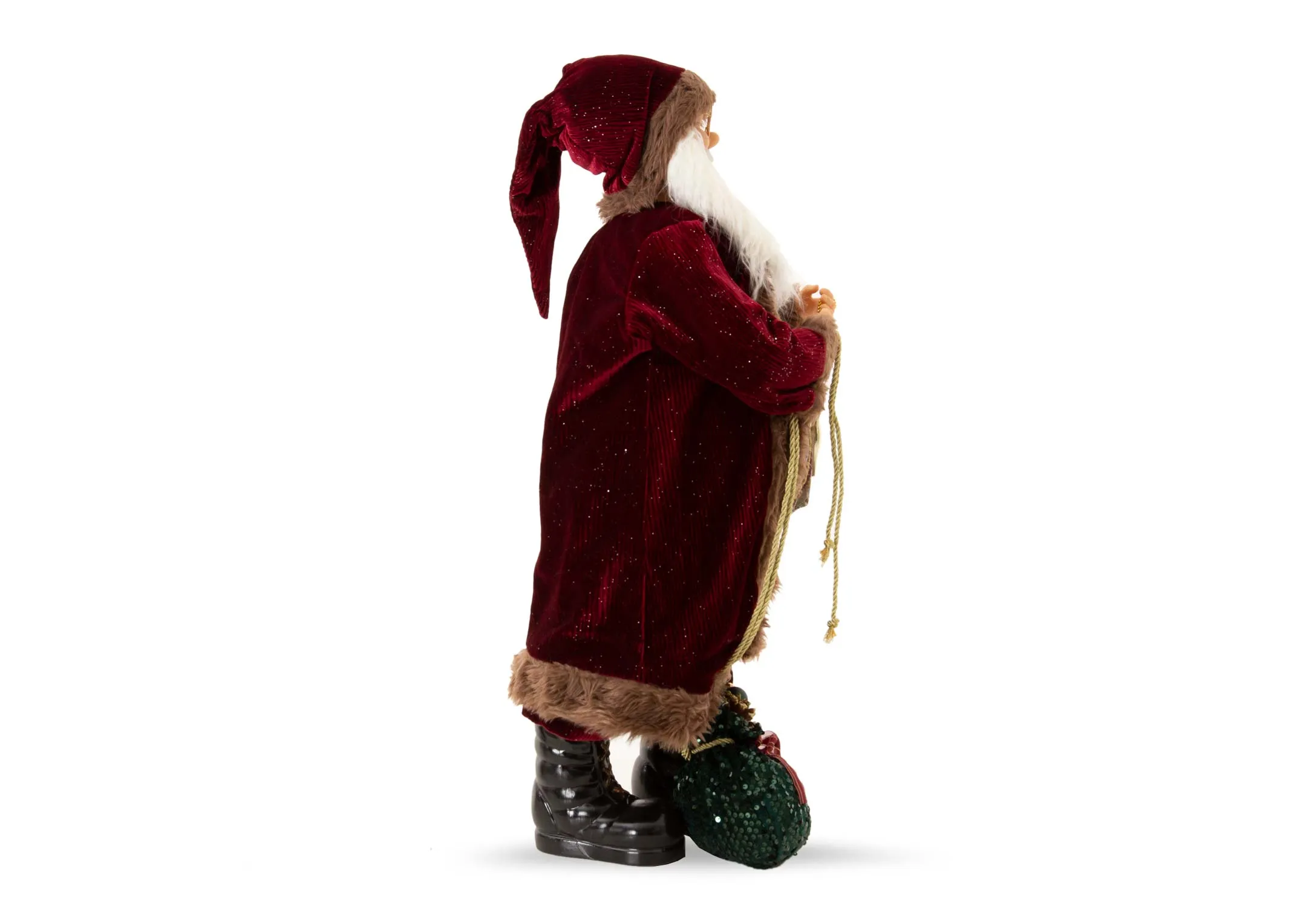 A large Santa Figurine in red velvet coat with green sack from EZ Livings Christams range.Side view of velvet coat and hat