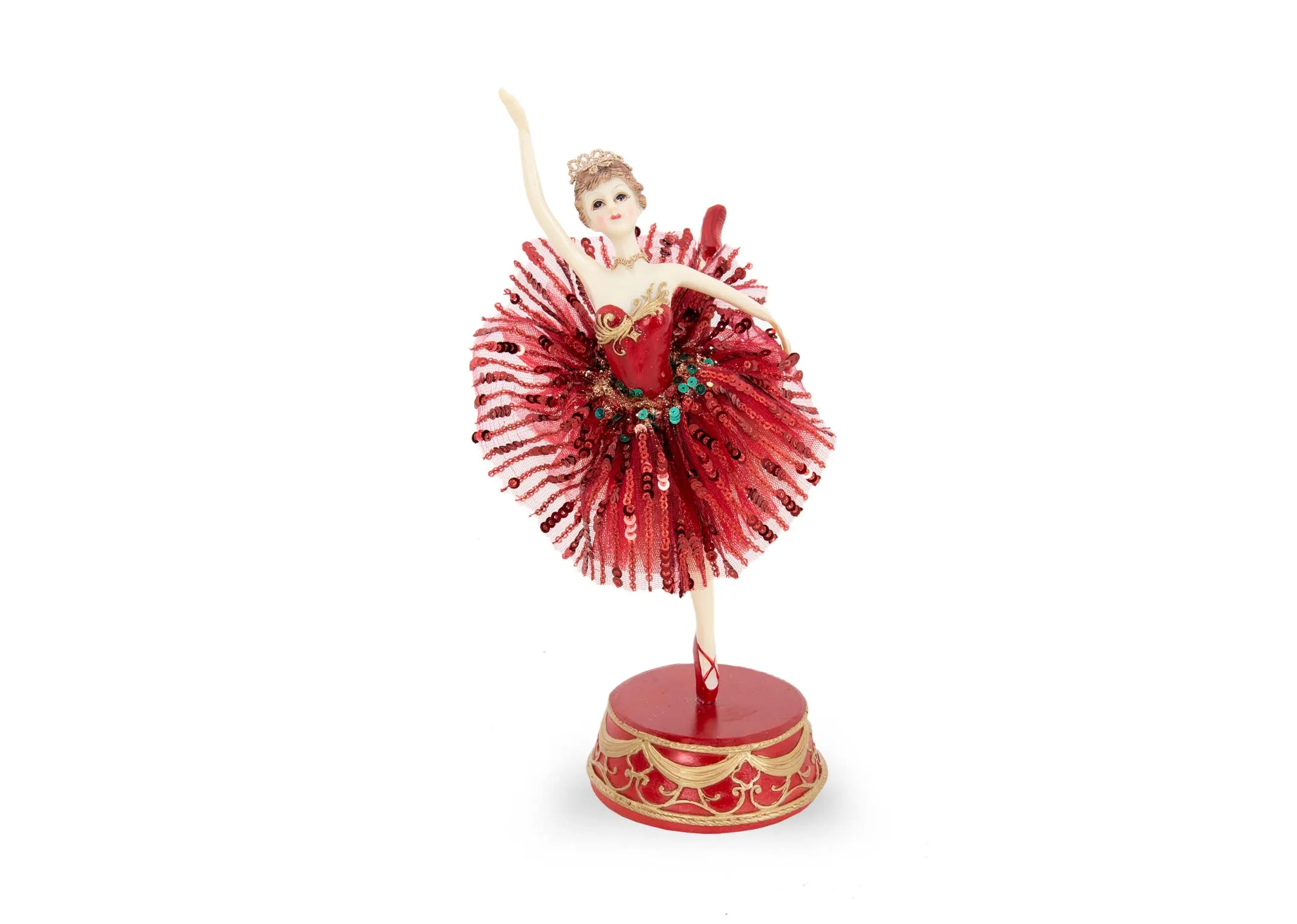 A musical ballerina from EZ Livings Christmas range. Angled view of female ballerina with red sequin dress.