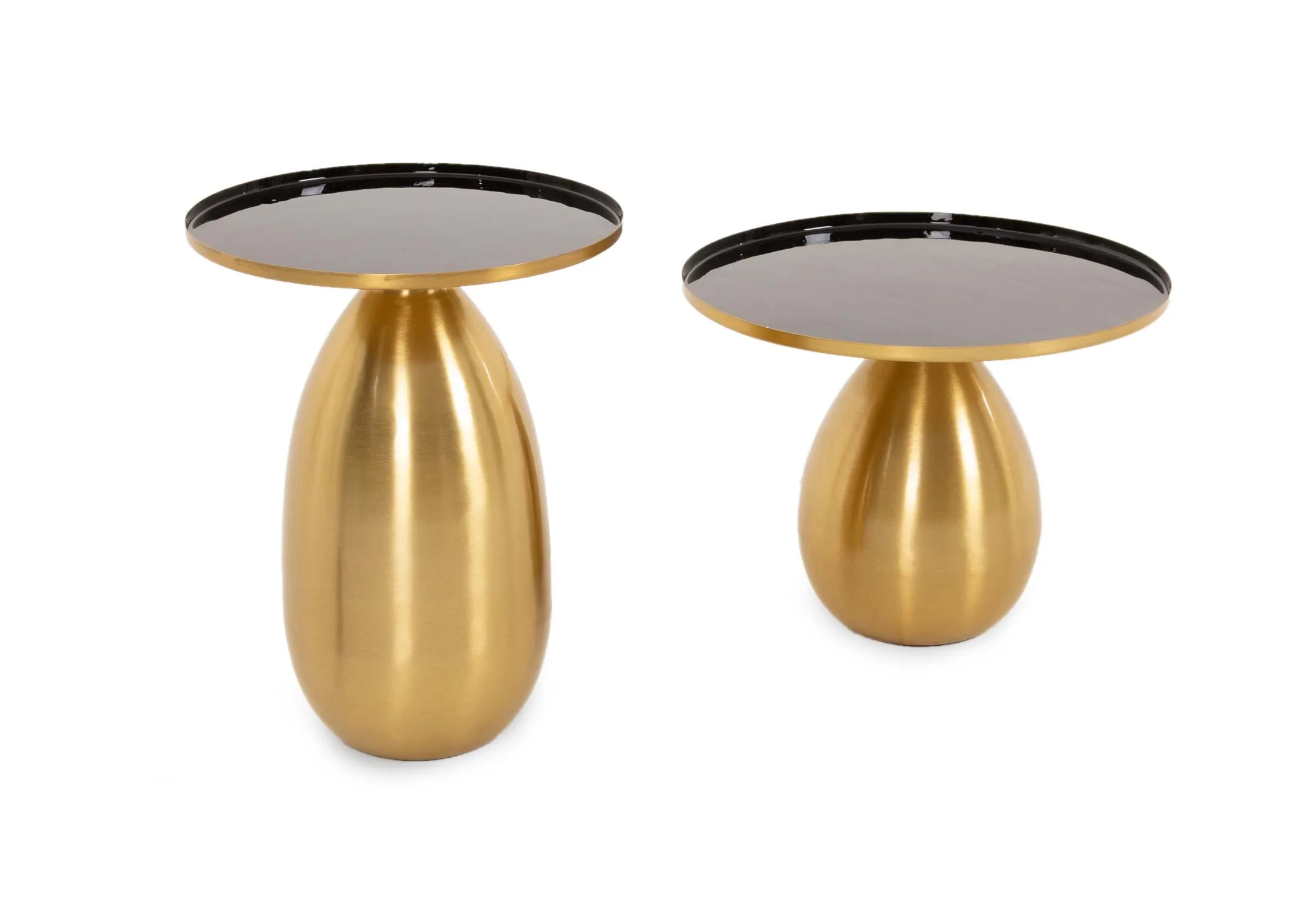 A set of 2 metallic gold side tables with tray style tops from EZ Livings Emerson range. Angled view of tall and small tables side by side