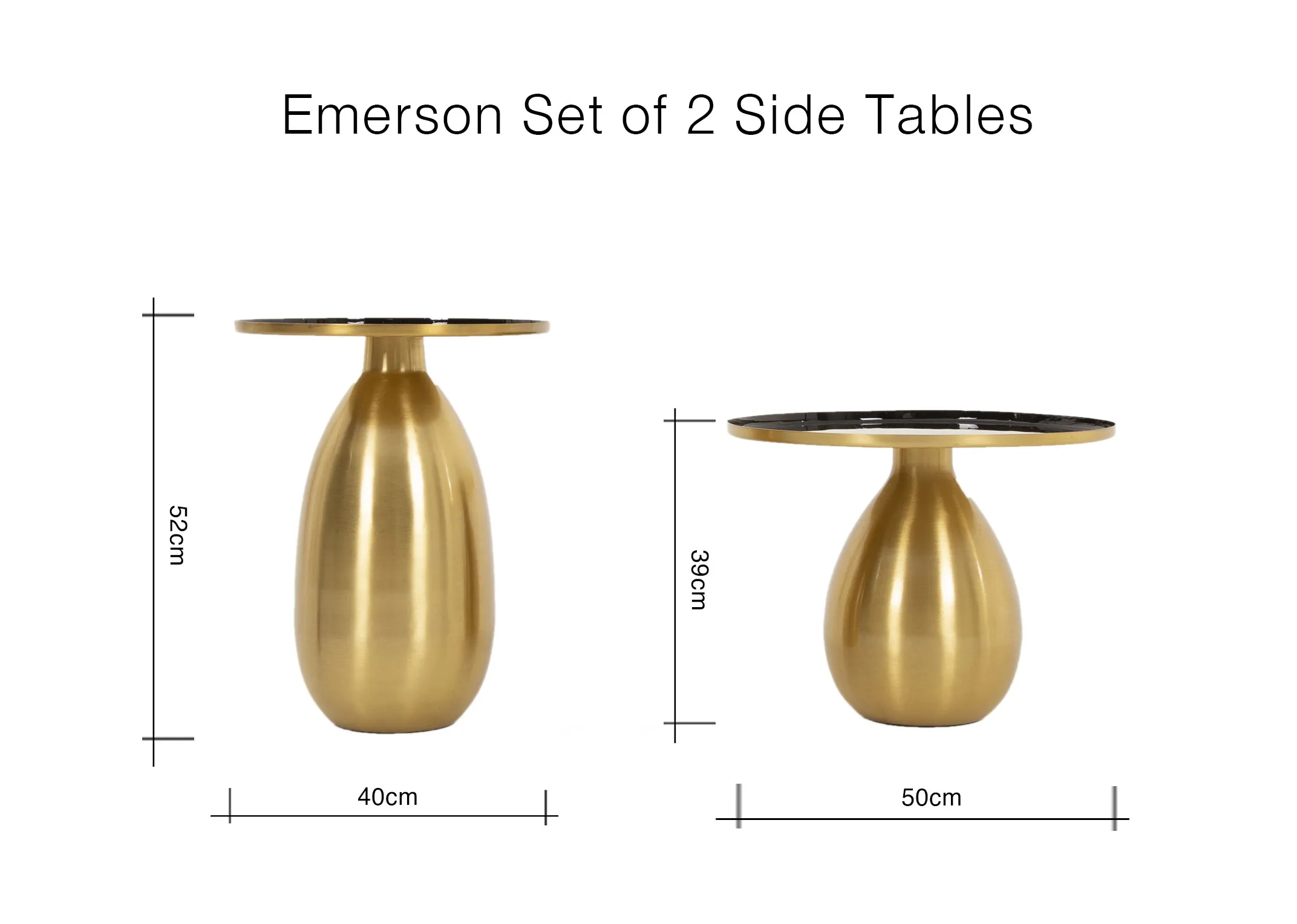 A dimension imamge of the Set of 2 Emerson tables with 40cm-50cm W x 39cm - 52cm H