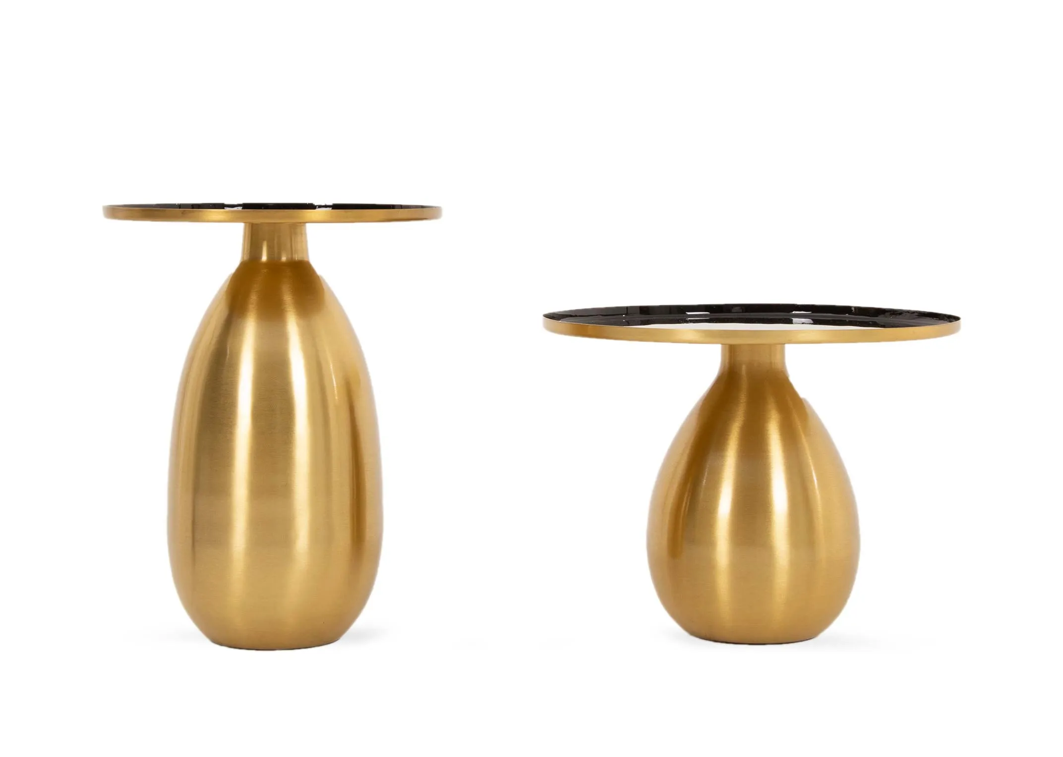 A set of 2 metallic gold side tables with tray style tops from EZ Livings Emerson range. Front view of slim tray tops