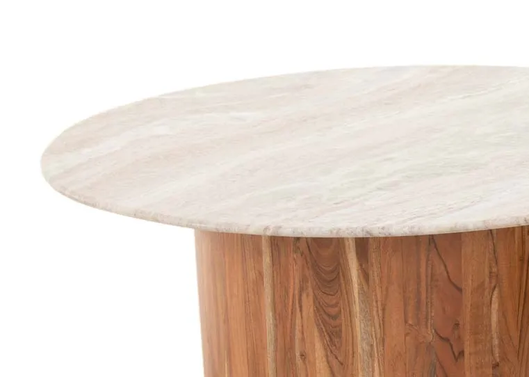 A set of 2 side tables with round wood base with marble white tops from EZ Livings Cauley range. Closeup of marble mdf top