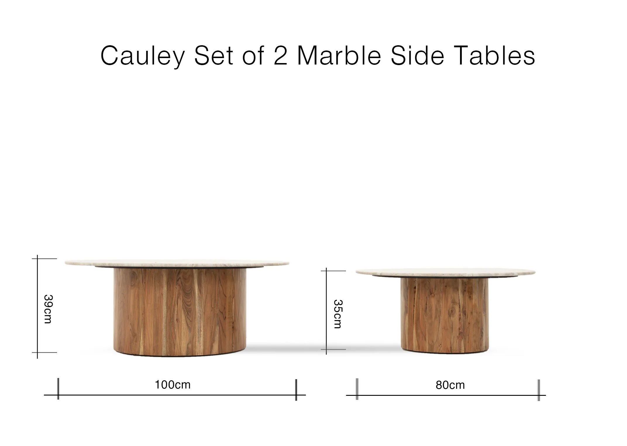 A dimension image of the Cauley Side of 2 tables with 100cm x 80cm x 39cm