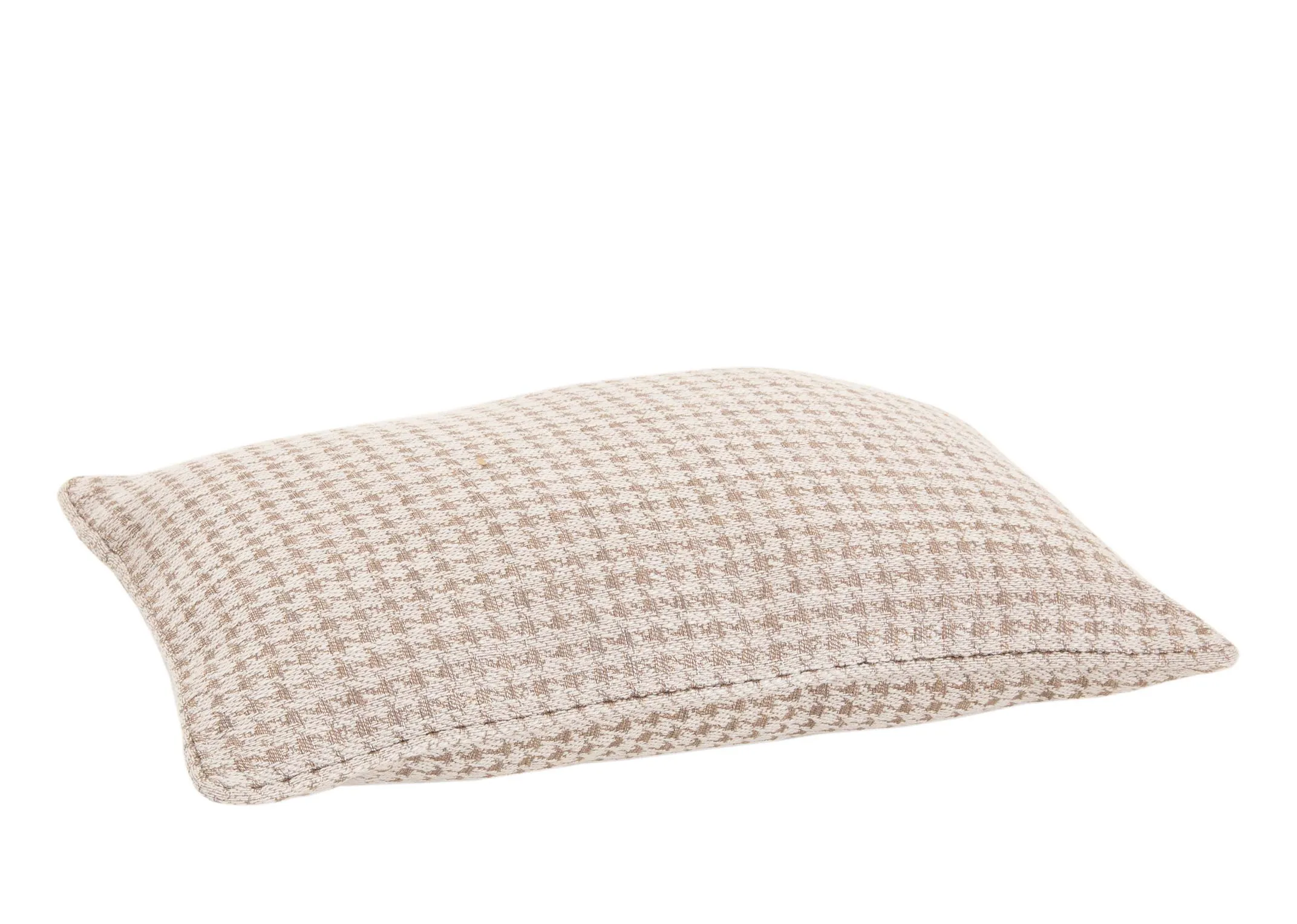 A light brown & cream houndstooth print cushion from EZ Livings Accessories range. Angled view of down & feather filled pillow.