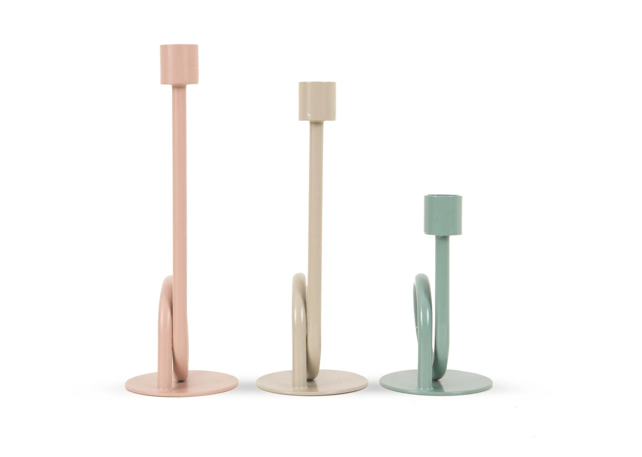 A set of 3 candleholders in light pink grey and green from EZ Livings Votive range. Front view of metal material