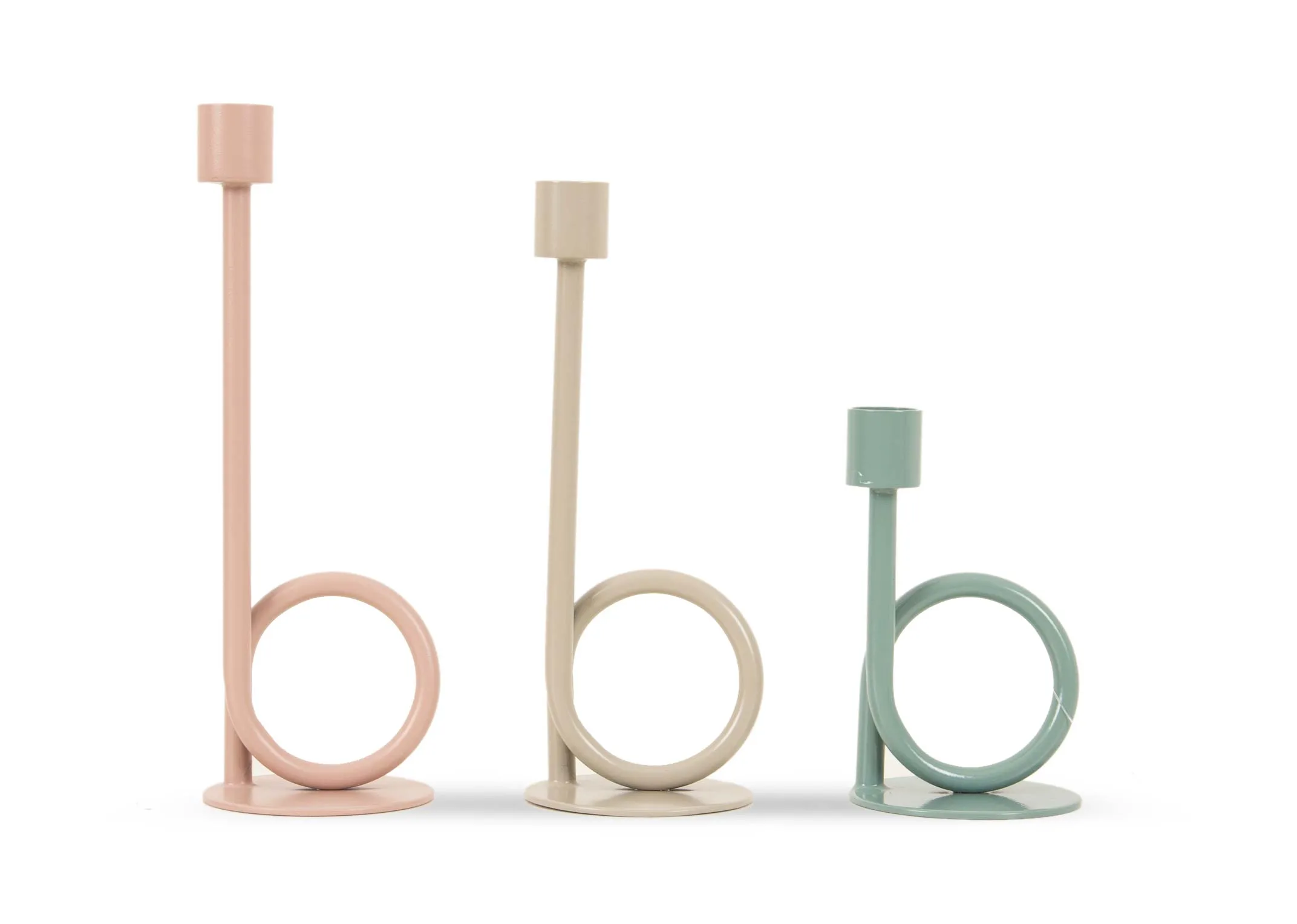 A set of 3 candleholders in light pink grey and green from EZ Livings Votive range. View of round handle for holding or moving holders
