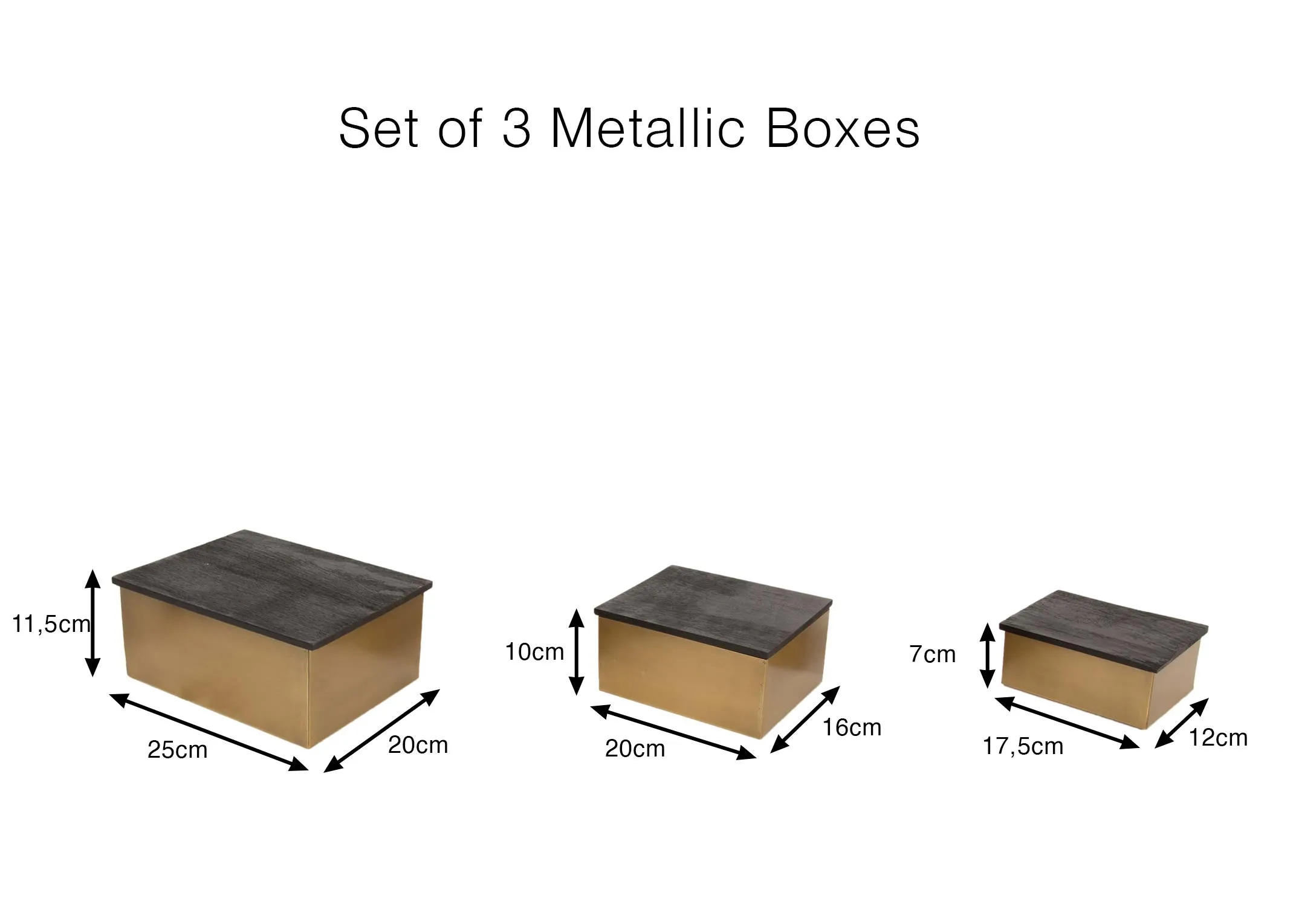 A dimension image of the Set of 3 Gold Boxes with 17.5cm - 25cm x 7cm -11cm