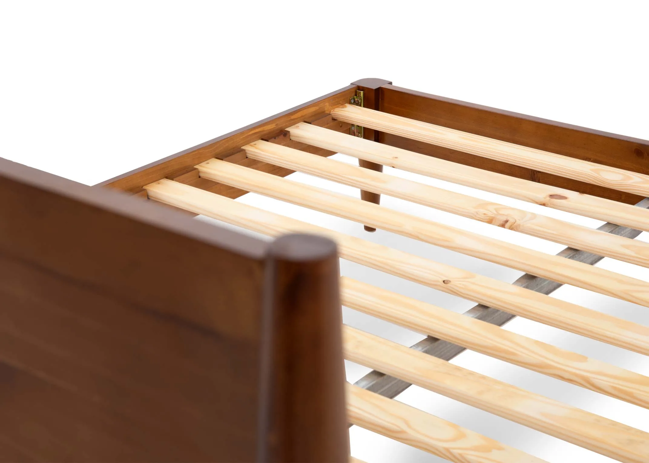 A king size dark wood bed frame from EZ Livings Leya range. Closeup of slate wood base