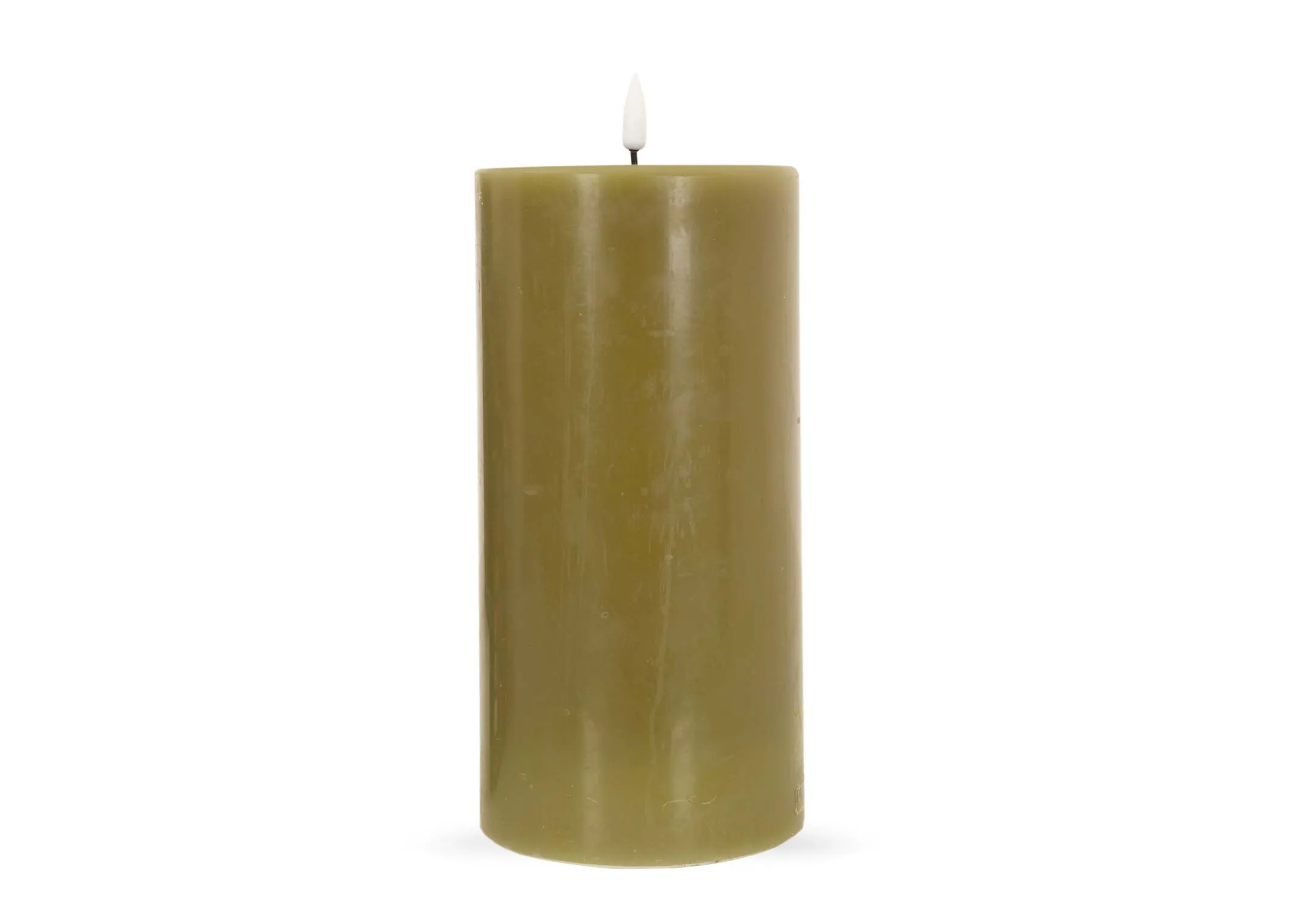 An olive green LED Candle from EZ Livings Deluxe range. Front view of candle off.