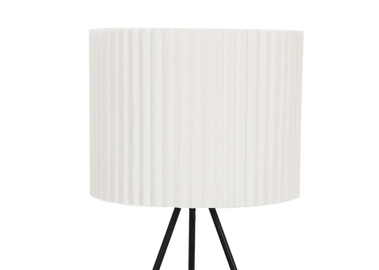 A black metal tripod table lamp with white pleated shade from EZ Livings Starlette range. Closeup of pleated shade