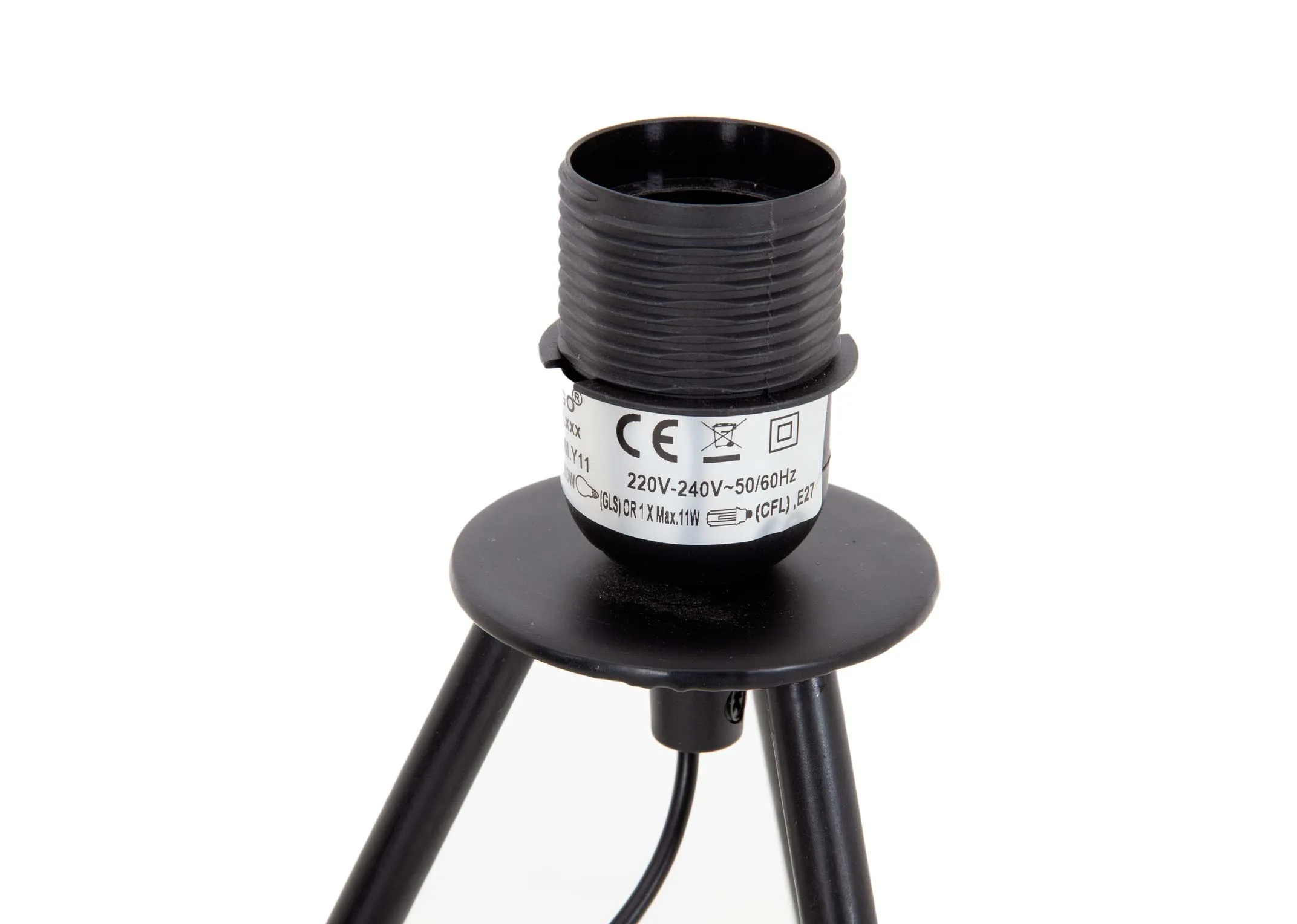 A black metal tripod table lamp with white pleated shade from EZ Livings Starlette range. Closeup of E27 lamp holder