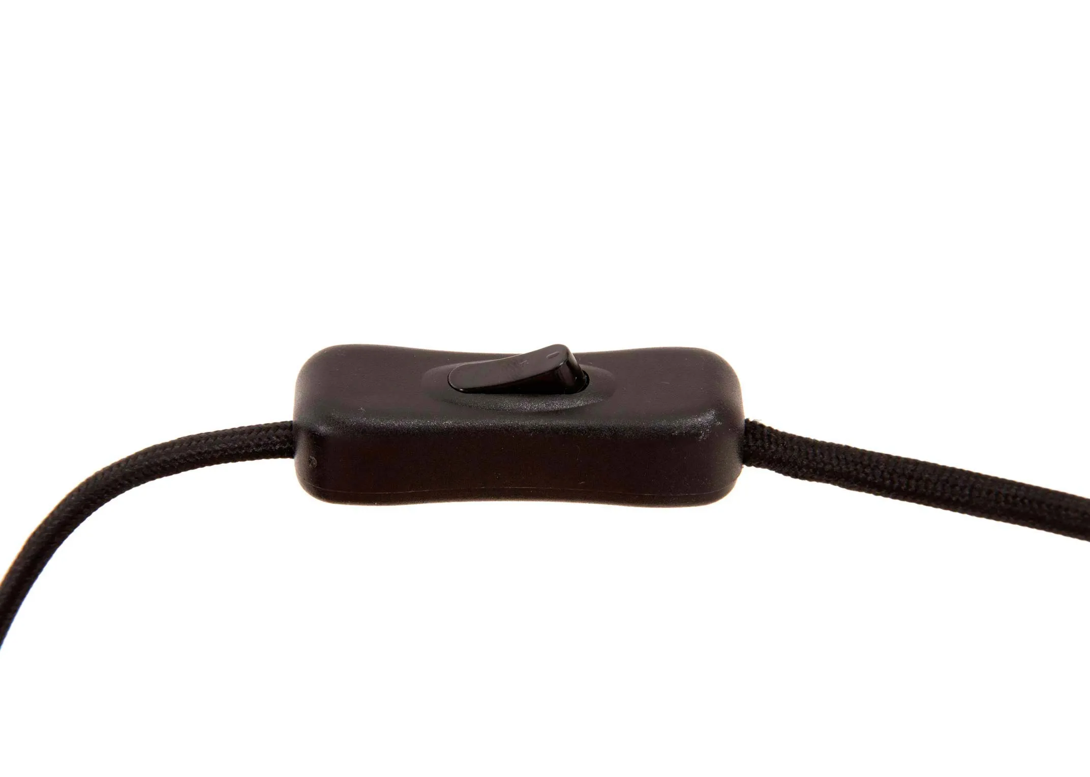 A black pannelled table lamp with white barrel shade from EZ Livings Lohas range. Closeup of black cable with inline switch