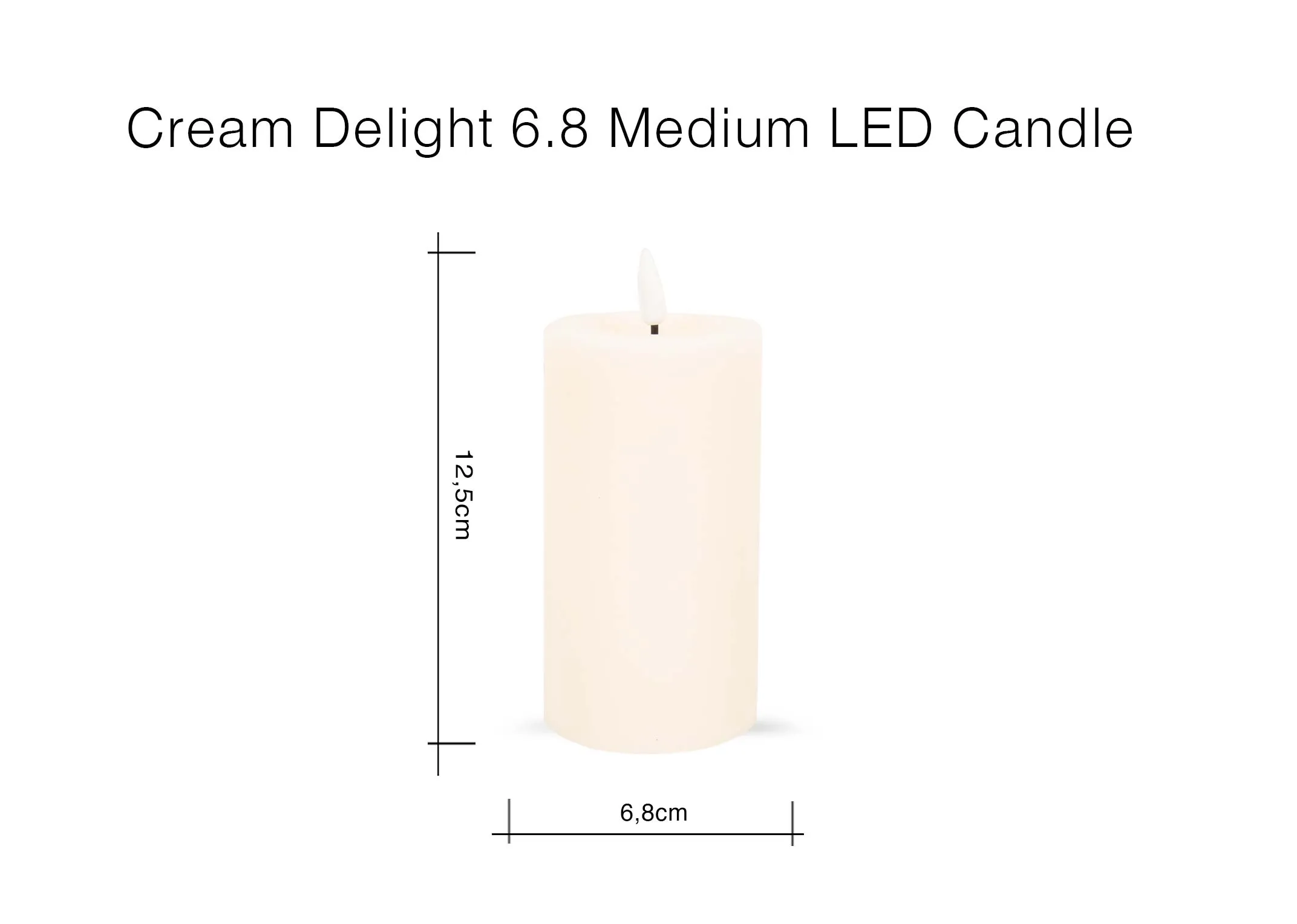A dimension imaeg of the Medium Cream LED Candle with 6.8cm x 12.5cm