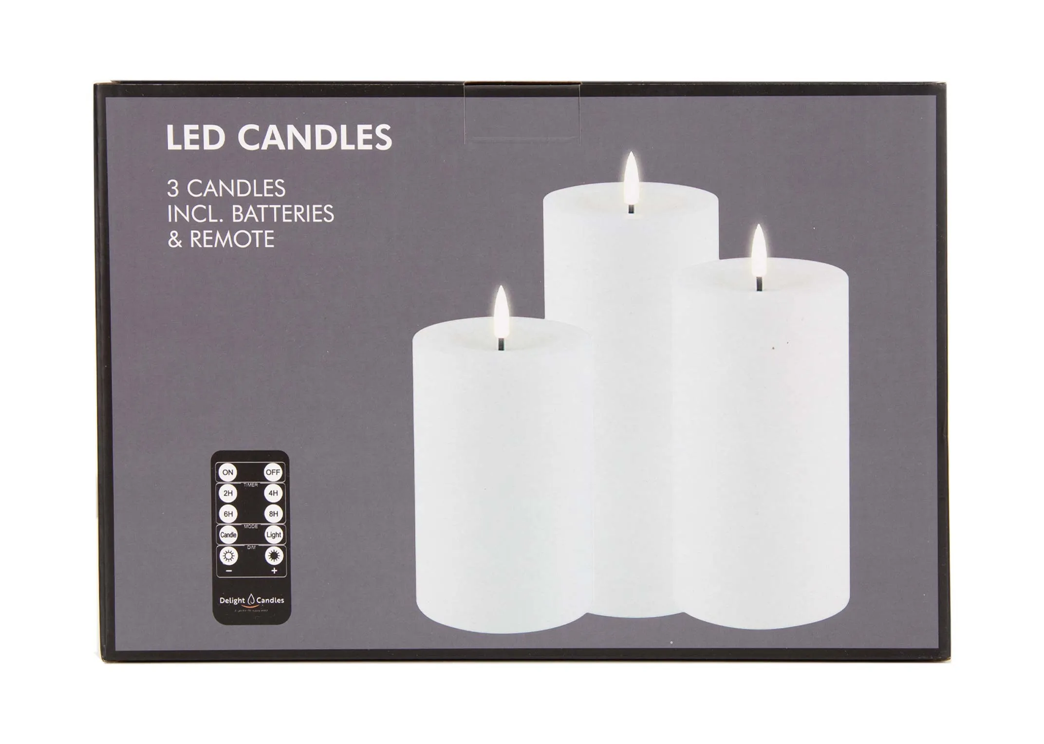 A set of 3 white candles in a box from EZ Livings Delight range. Front view of box