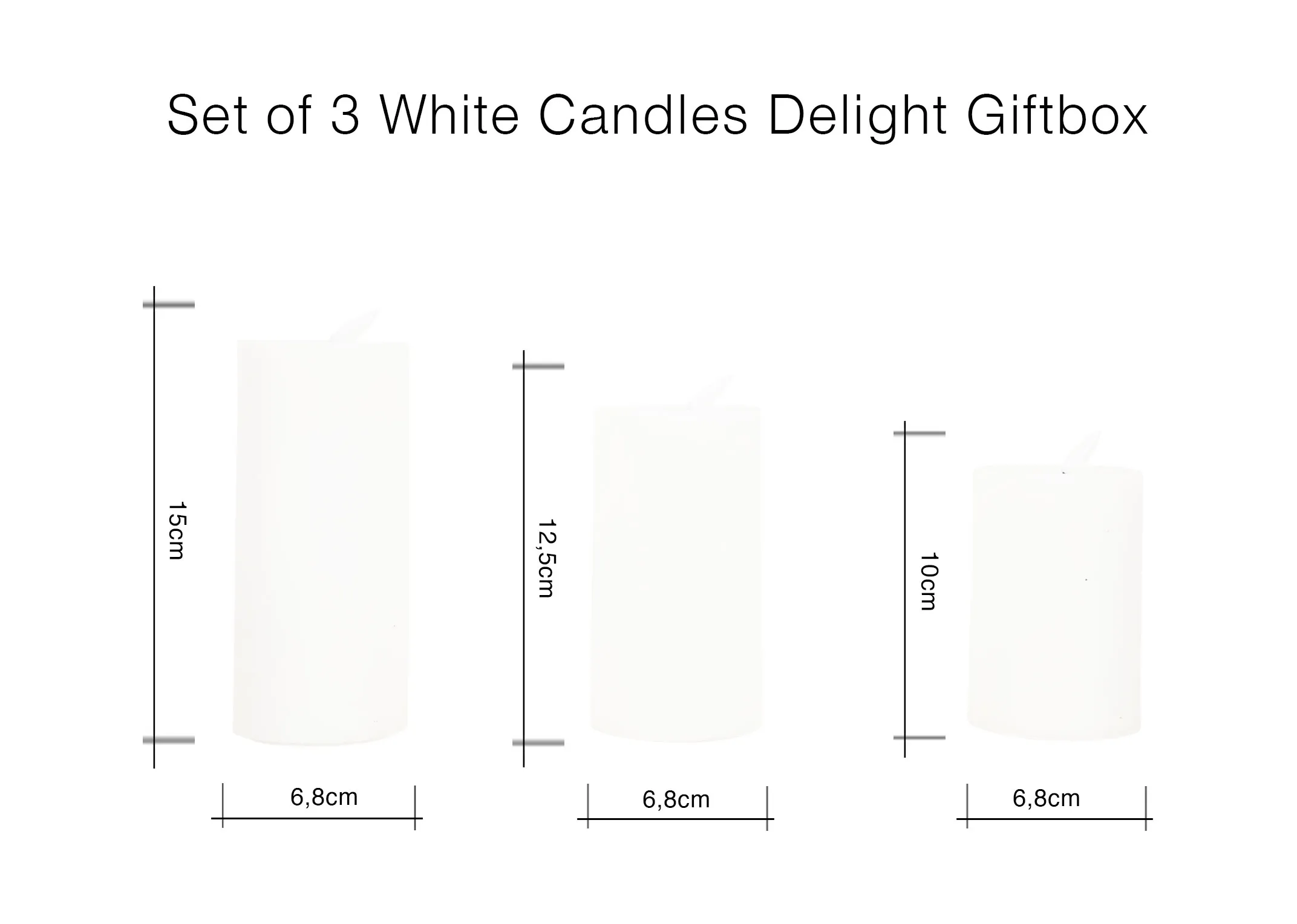 A dimension image of the Set of 3 White Candles with 6.8cm x 10cm-15cm