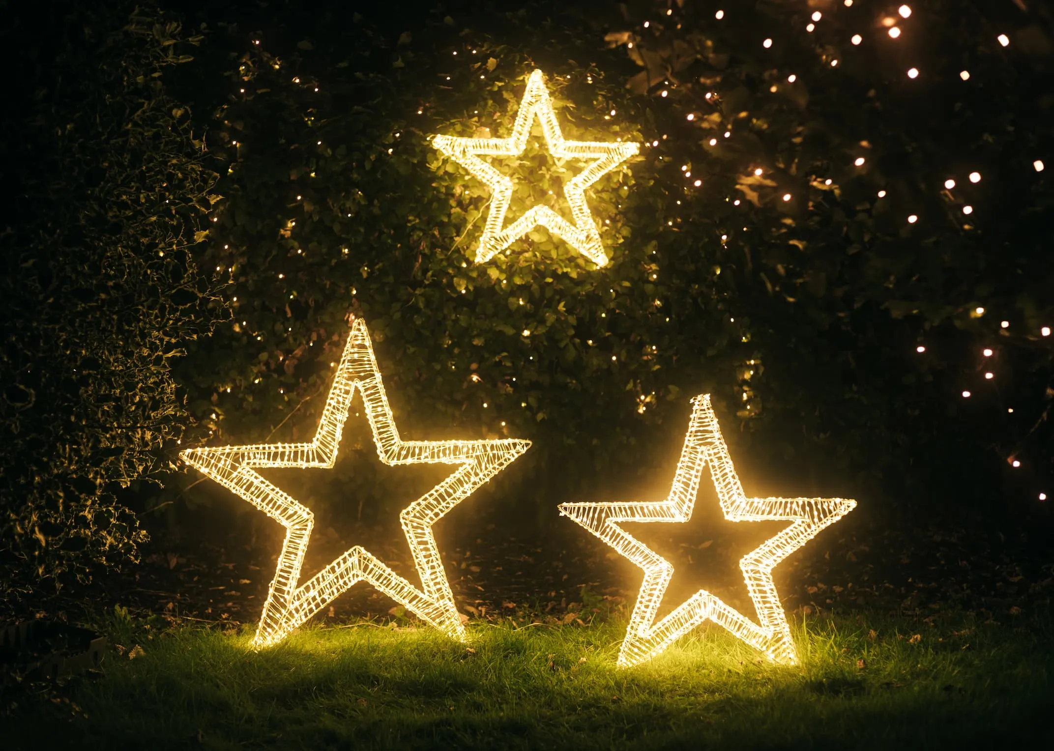 A lifestyle image of the Large & Small Meatl star in a garden at night with the hanging star above on a tree.