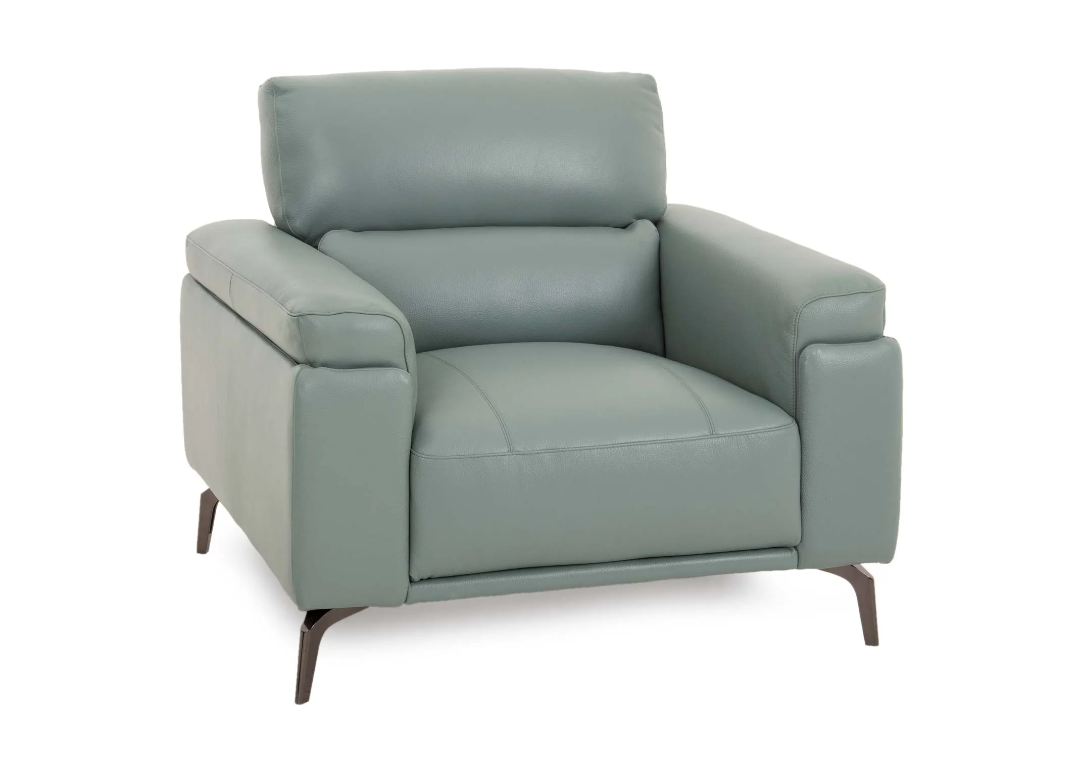 A petrol blue leather armchair from EZ Livings Lagoon range. Angled view of padded seat and back cushions.