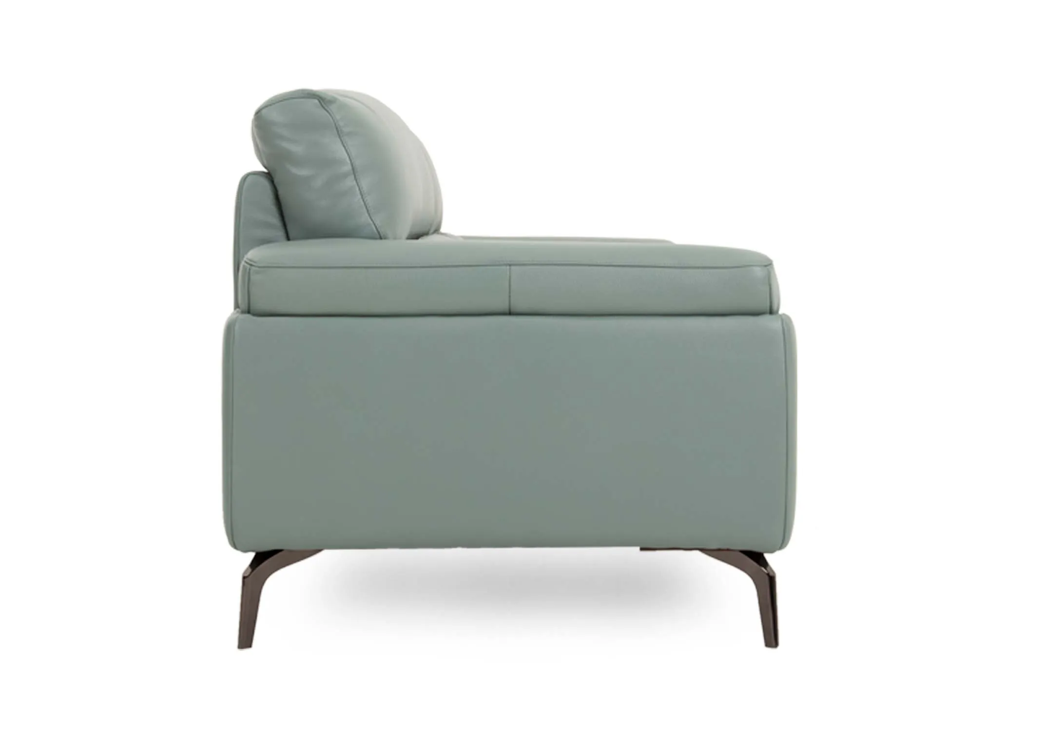 A petrol blue leather armchair from EZ Livings Lagoon range. Side view of silver metal legs