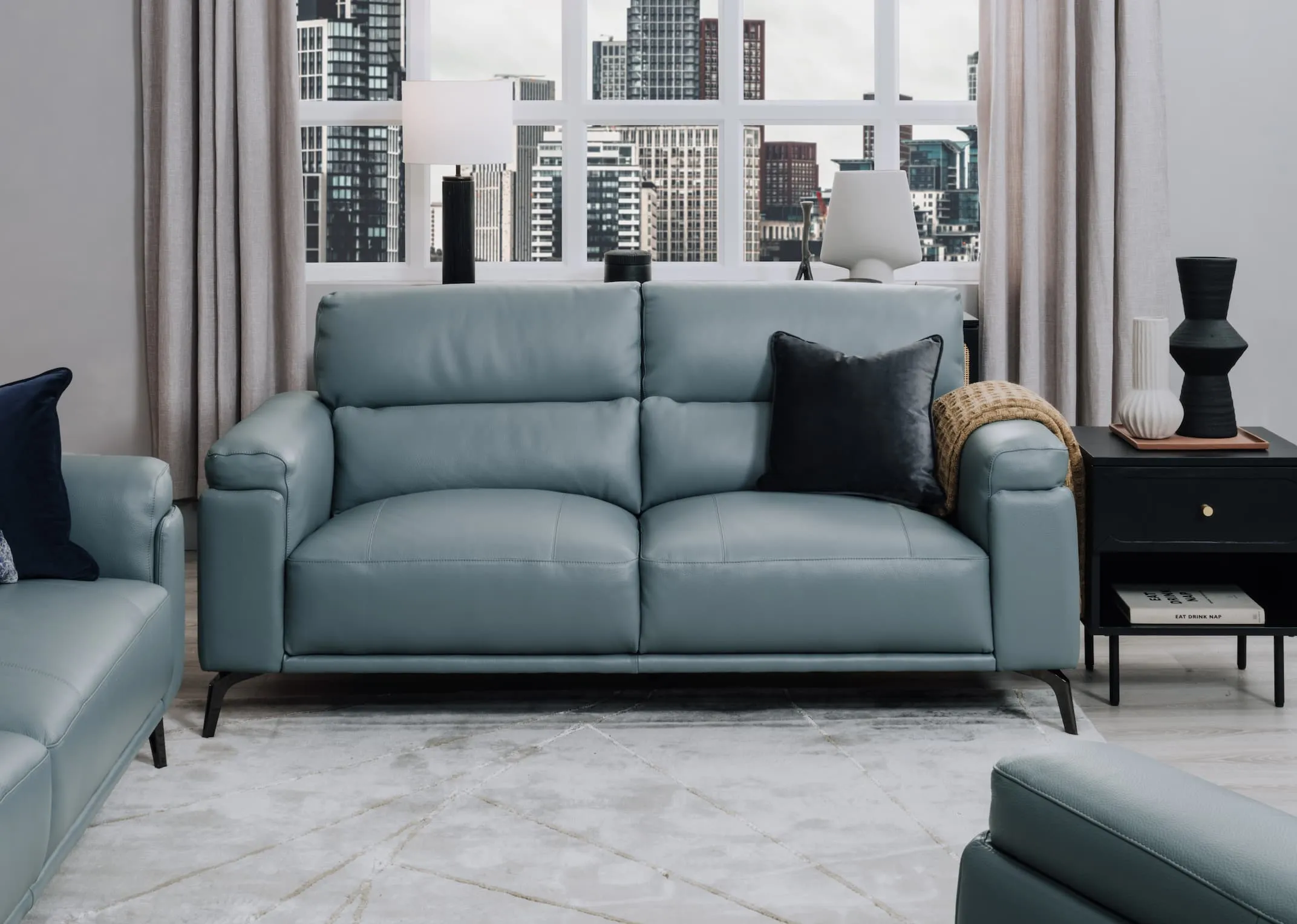 2 Seater Blue Leather Sofa - Lagoon