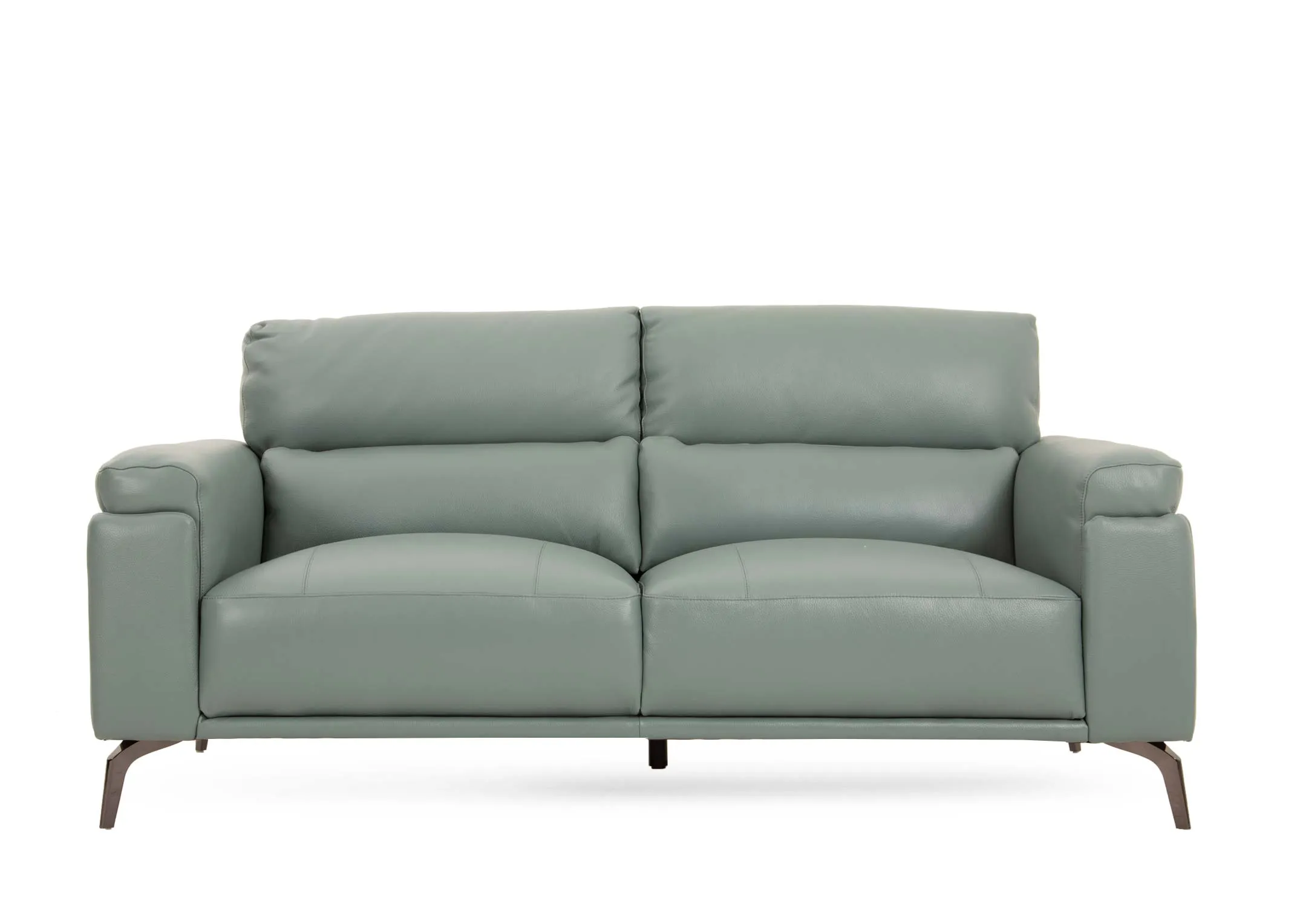 A petrol blue leather 2 seater from EZ Livings Lagoon range. Front view of padded seat and back cushions]