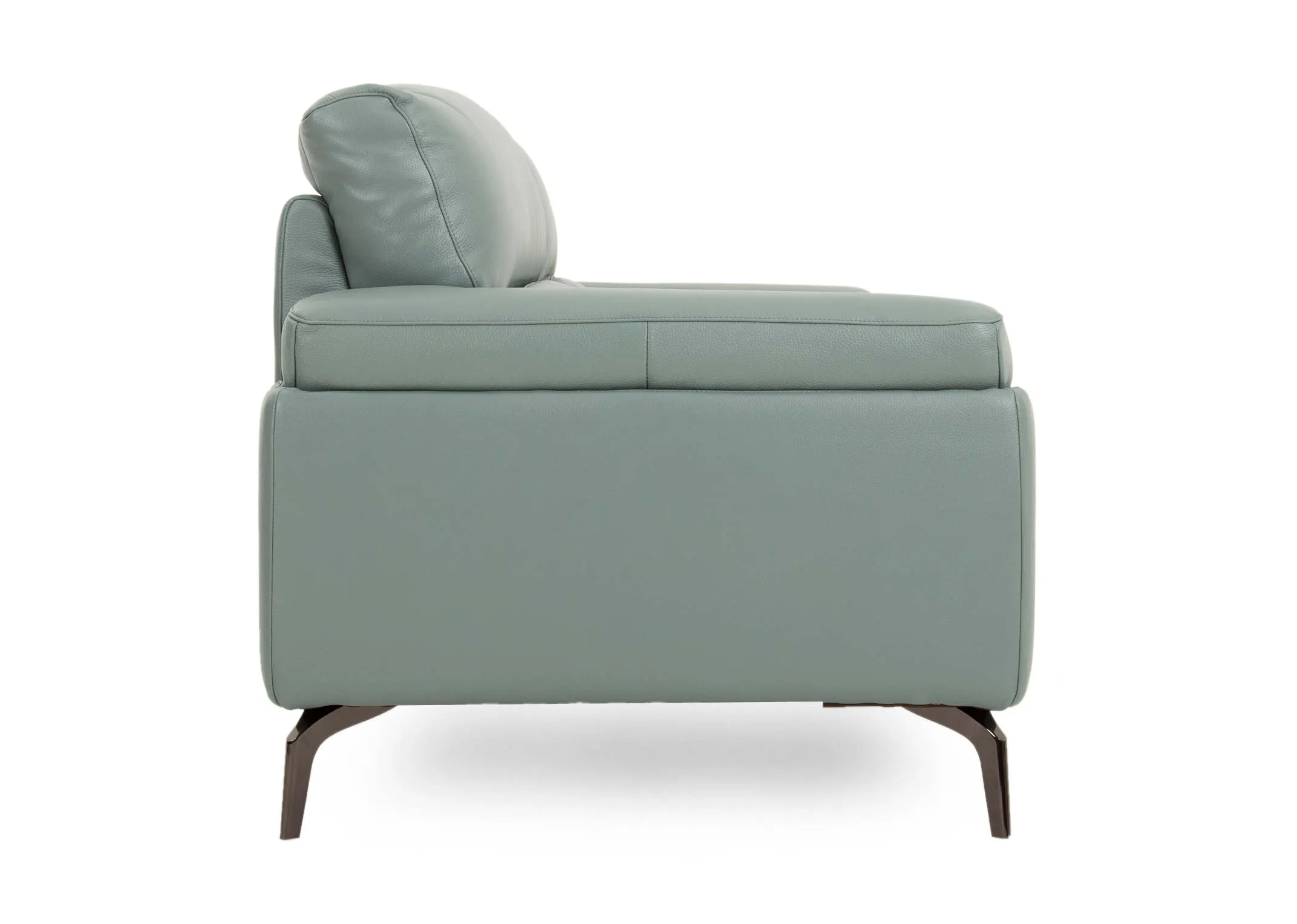 A petrol blue leather 3 seater from EZ Livings Lagoon range. Side view of metal feet