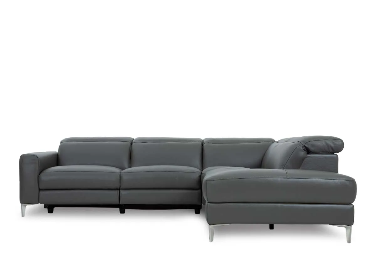 A grey leather electric reclining corner chaise from EZ Livings Vancouver range. Front view