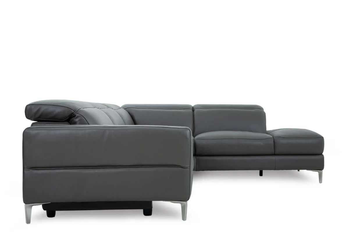 A grey leather electric reclining corner chaise from EZ Livings Vancouver range. Side view