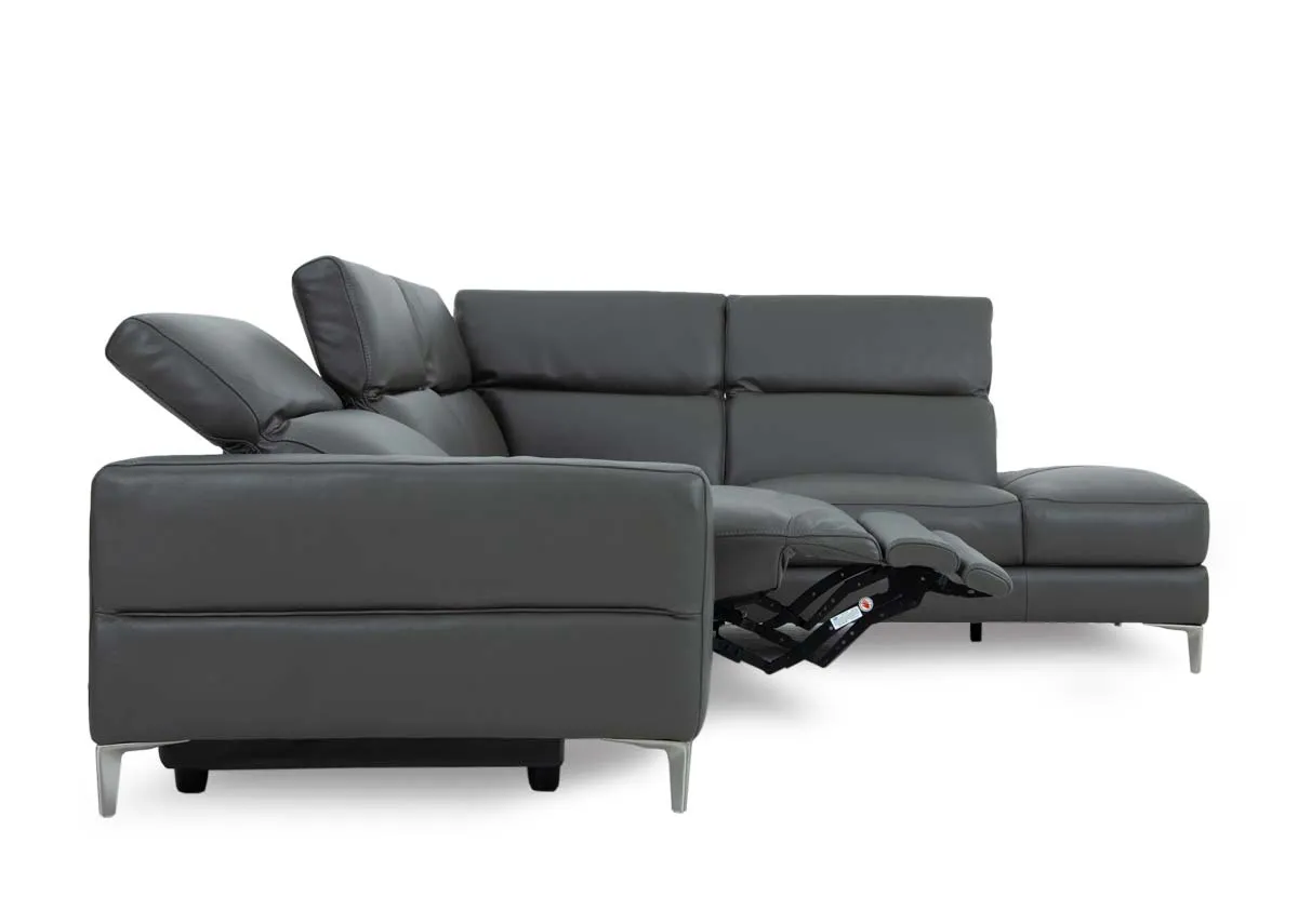 A grey leather electric reclining corner chaise from EZ Livings Vancouver range. Side view of reclined