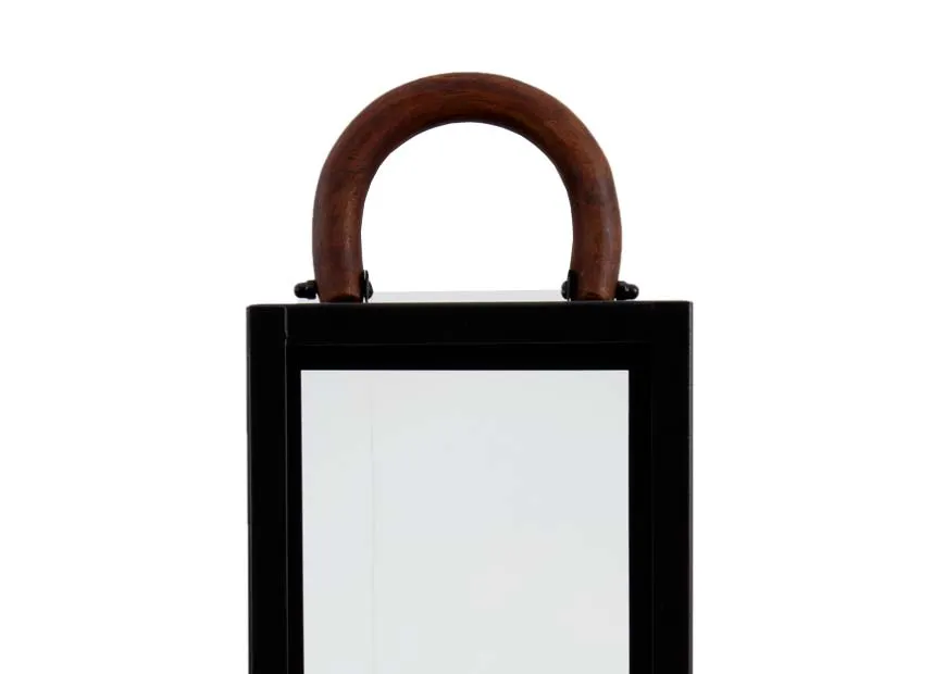 A small black lantern with wood handle and glass insert from EZ Livings Candle Holder range. Closeup of thick walnut handle.