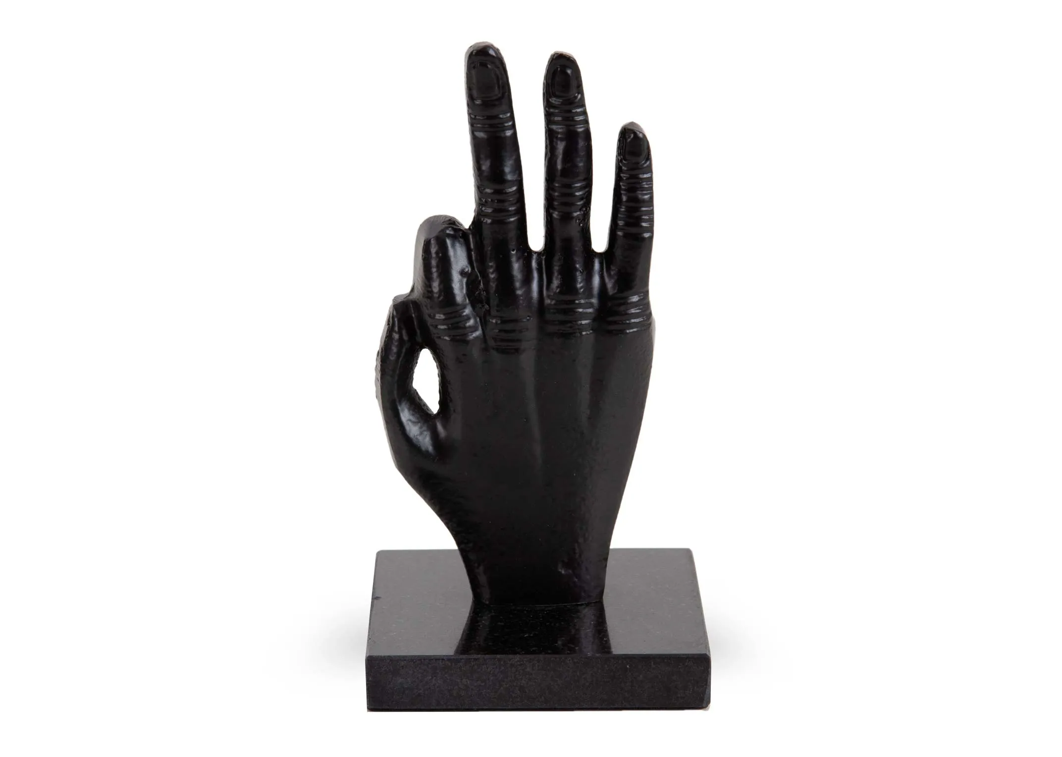 A black marble hand ornament in 3 finger pose from EZ Livings Ornaments range. Front view of detail on fingers
