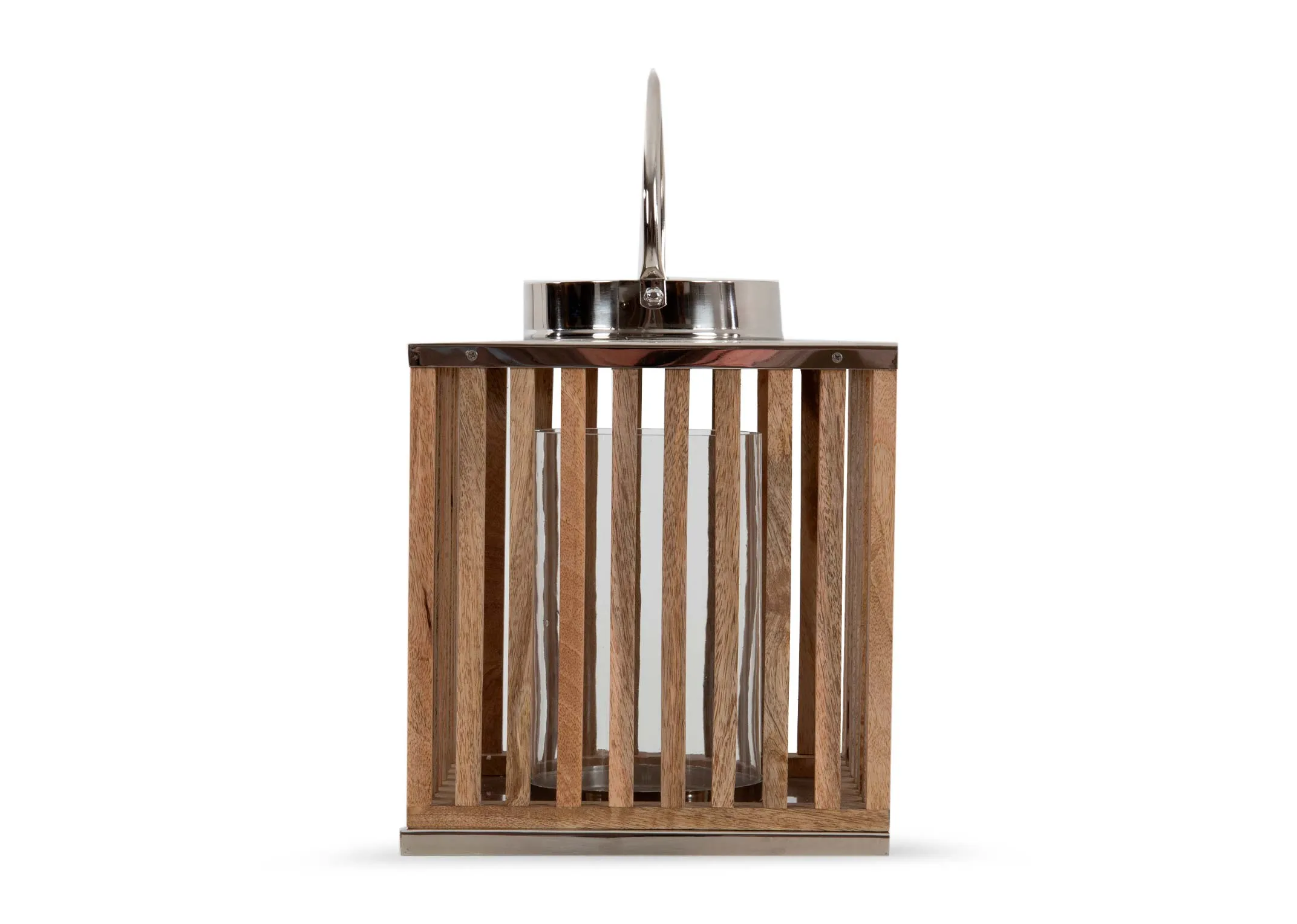 A small wooden lantern box with silver top & handle from EZ Livings Candleholder range. Front view of wooden grid sides