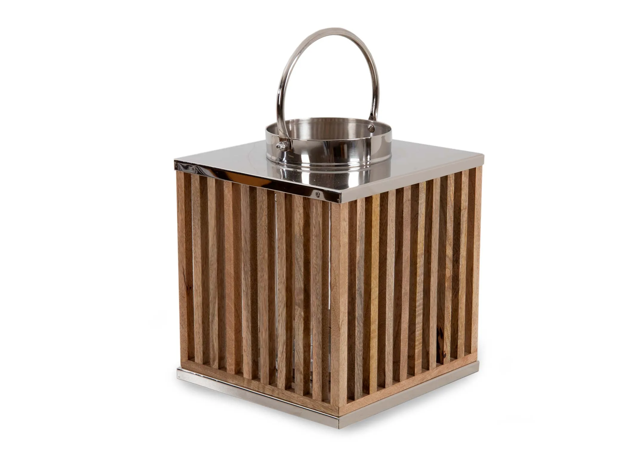 Small Square Wood Lantern with Metal Handle