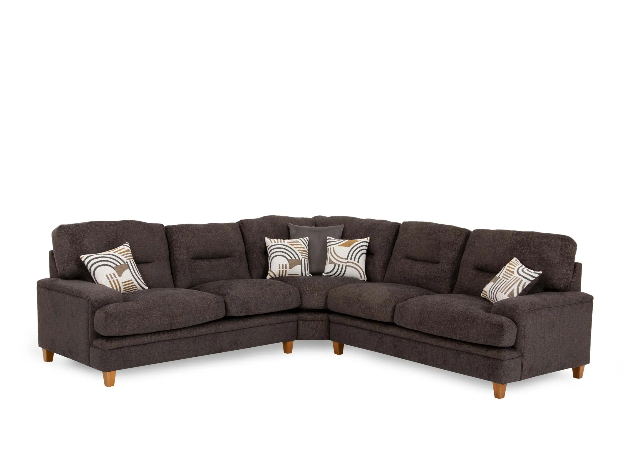 A dark grey fabric large corner group from EZ Livings Trieste range. Angled view of 4 pattern & 1 grey scatter cushion