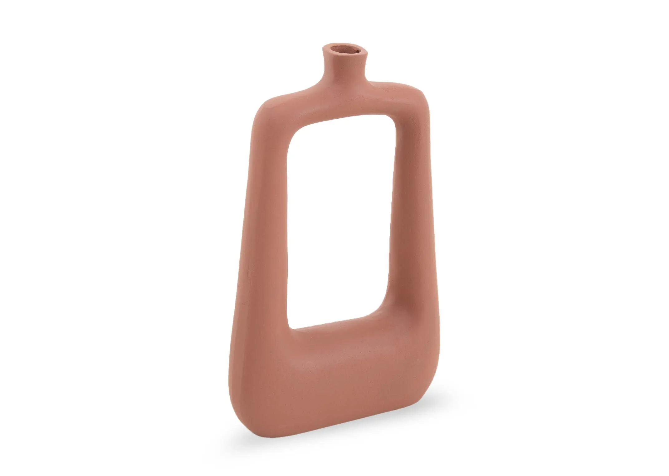A terracotta vase with rectangle cut out from EZ Livings deco range. Angled view of earthy color