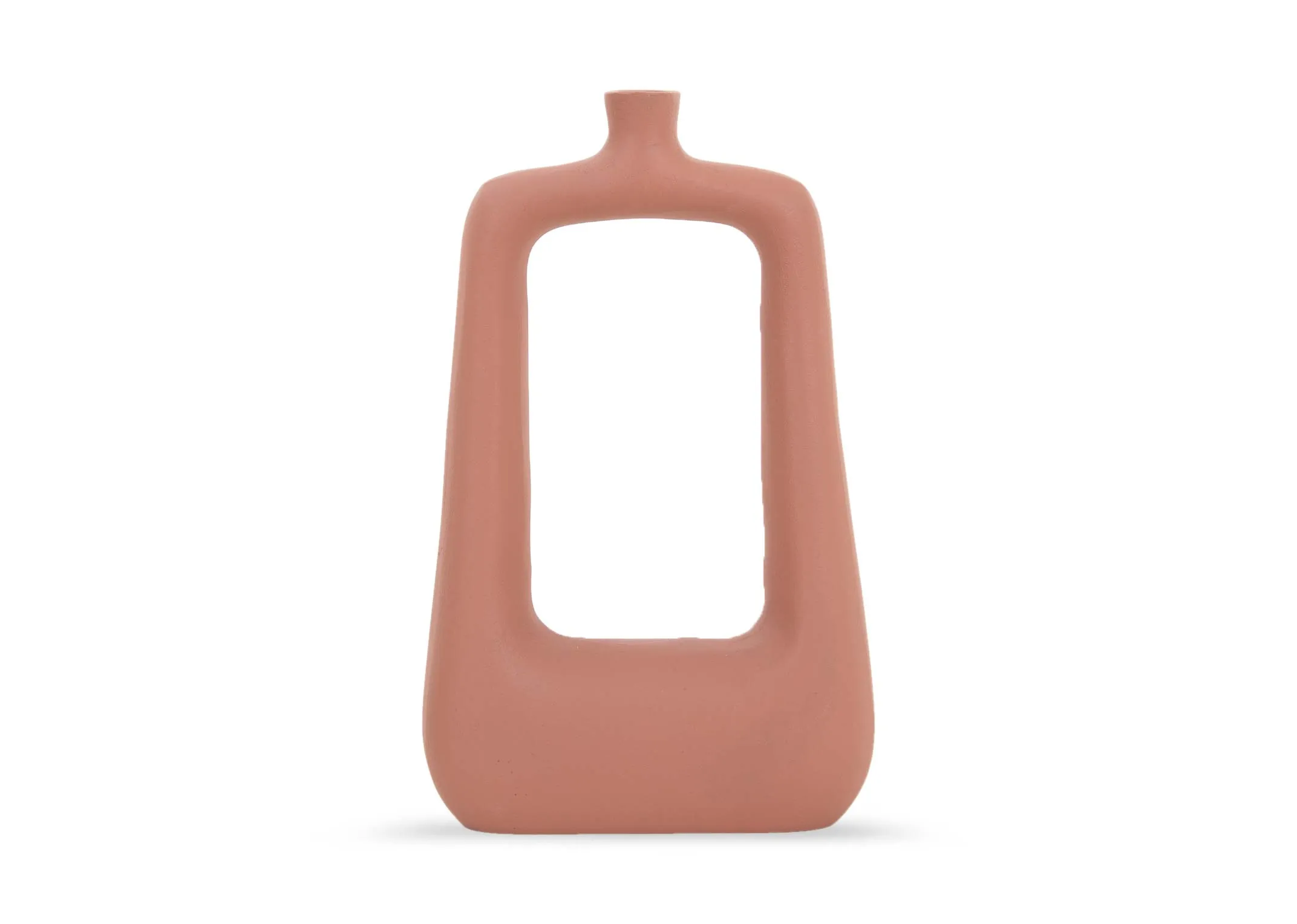 A terracotta vase with rectangle cut out from EZ Livings deco range. Front view