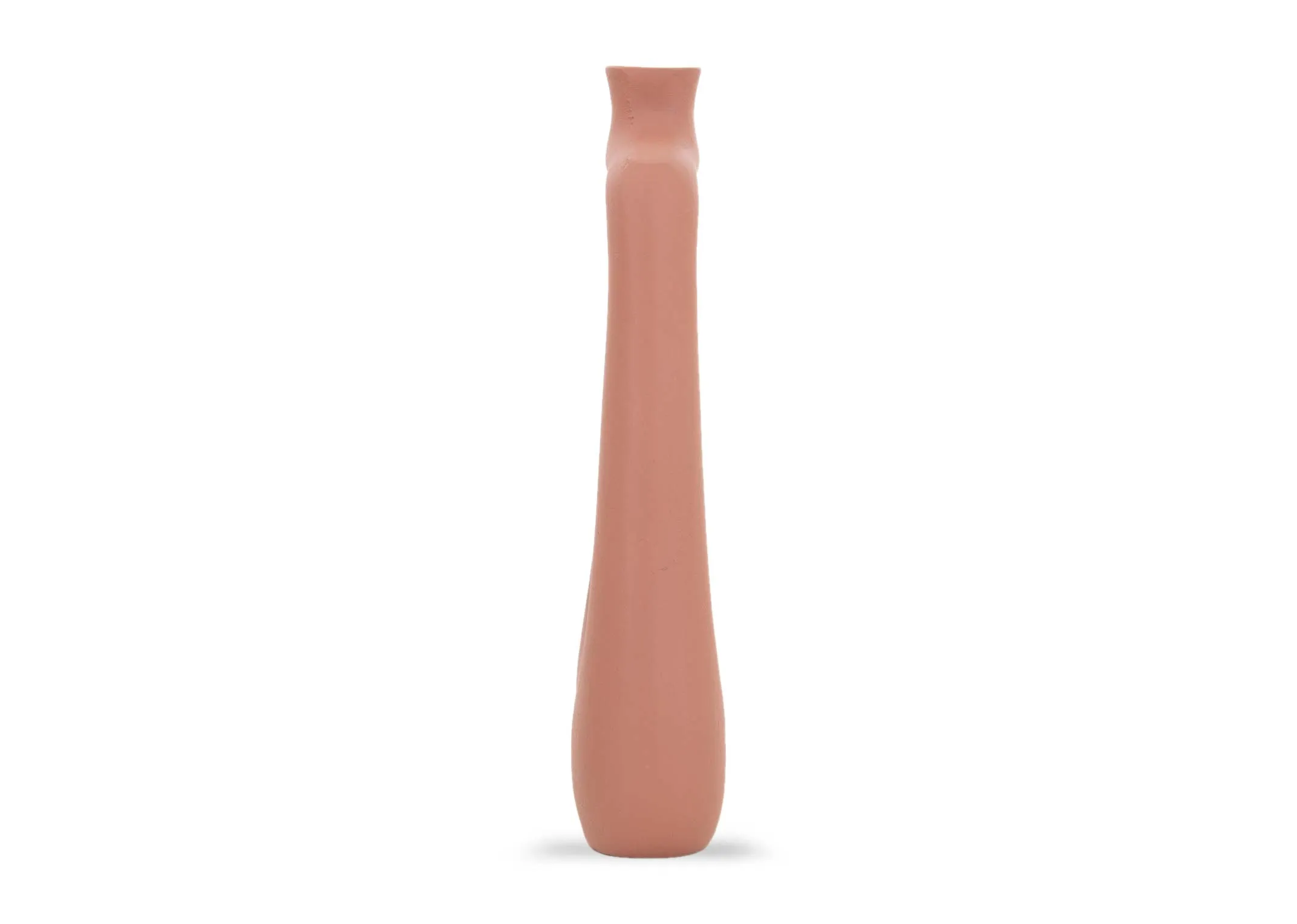 A terracotta vase with rectangle cut out from EZ Livings deco range. Side view of slim vase